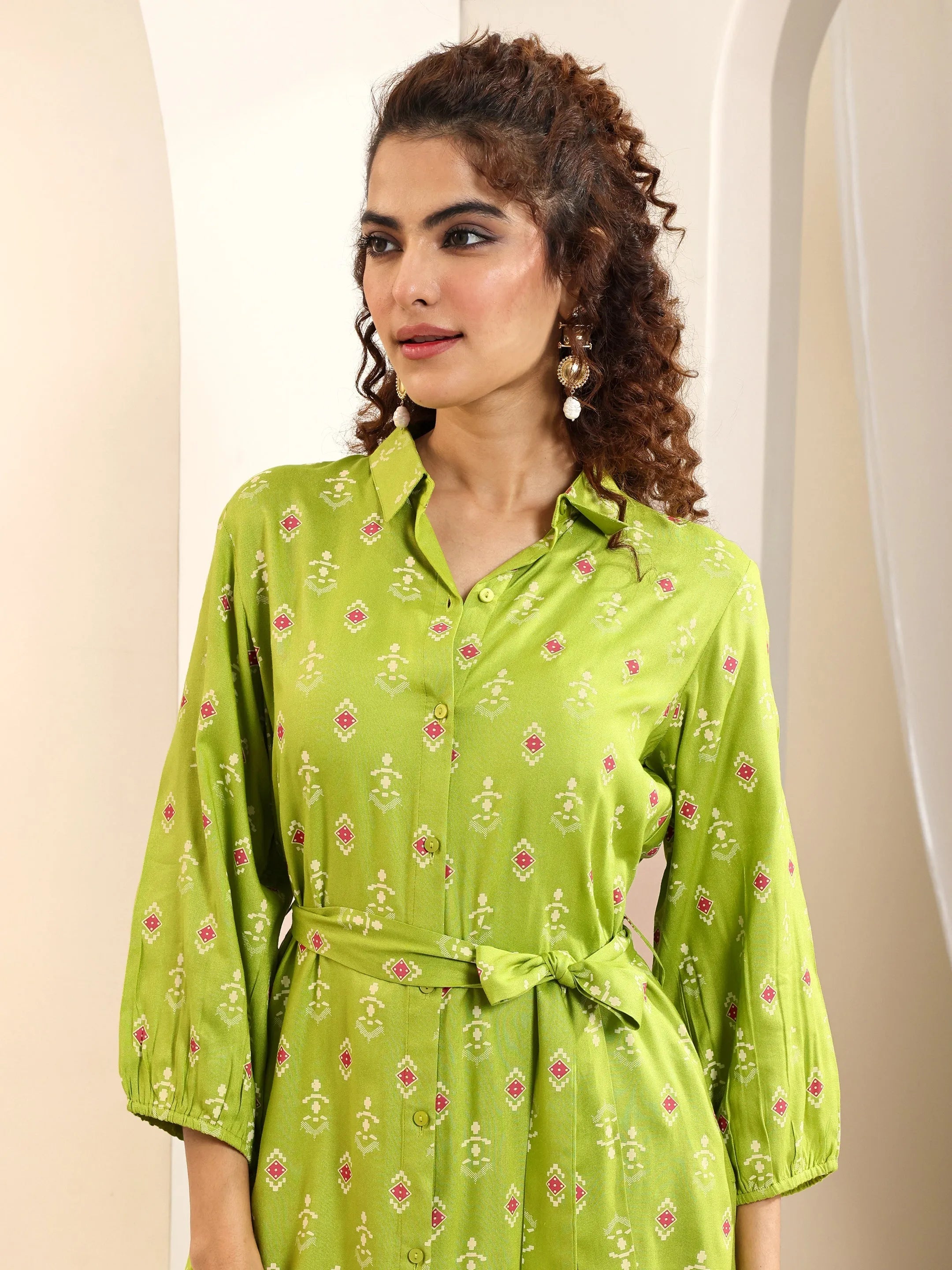 Green Printed Rayon Straight Kurta Set