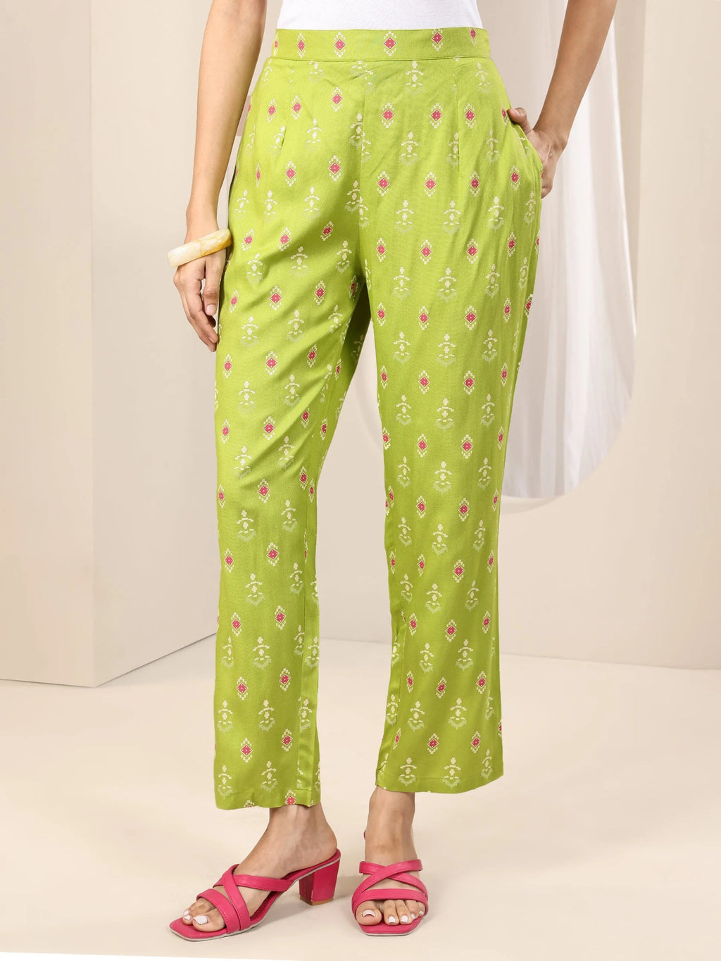 Green Printed Rayon Straight Kurta Set