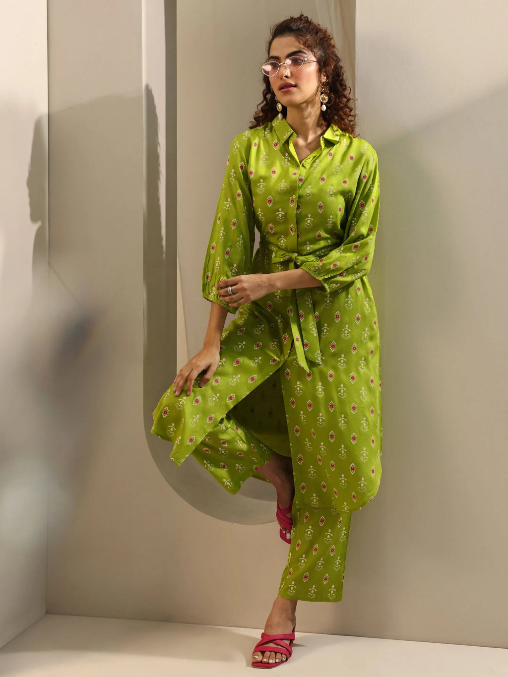 Green Printed Rayon Straight Kurta Set