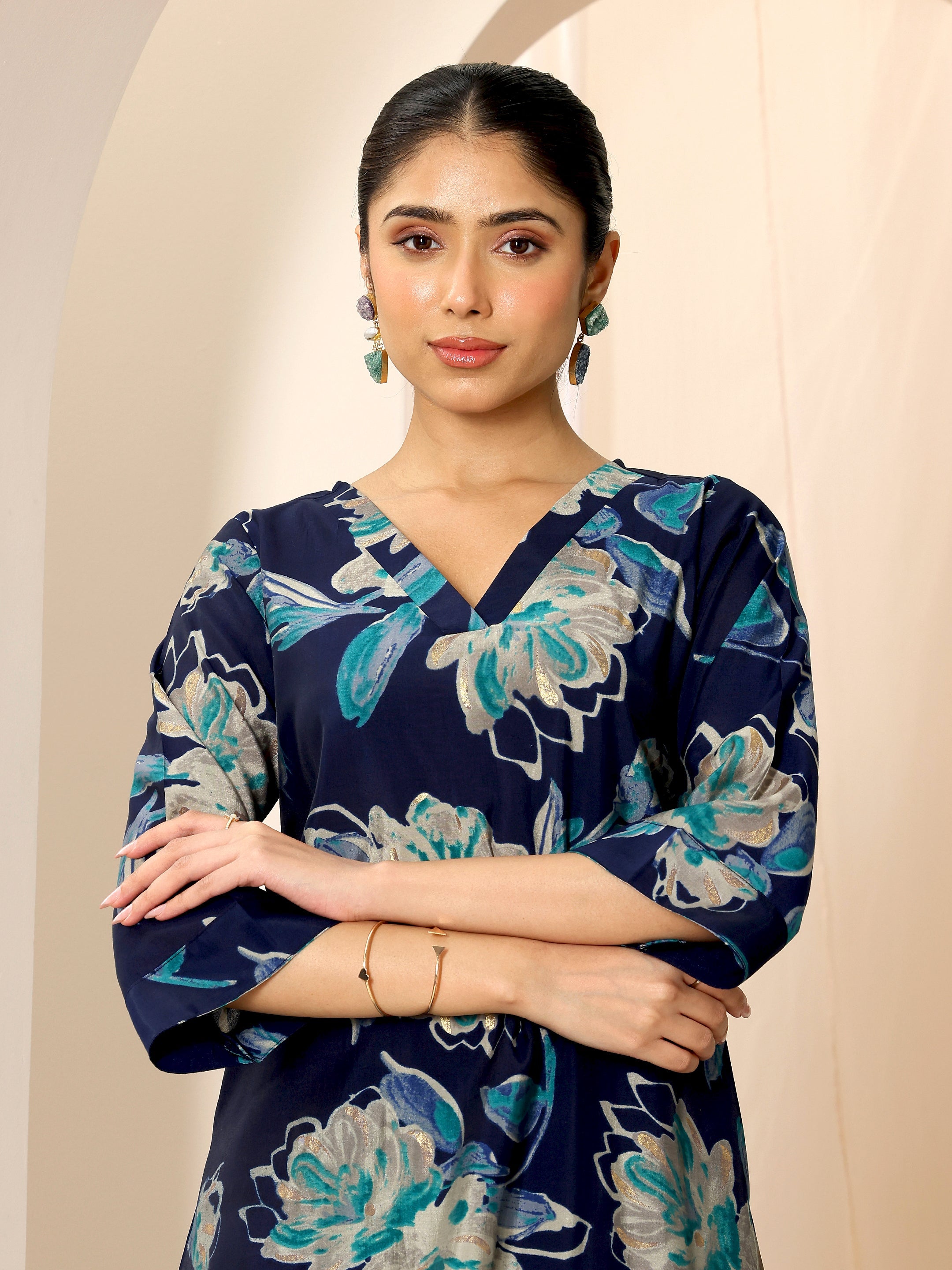 Blue Printed Silk Blend Straight Kurta Set