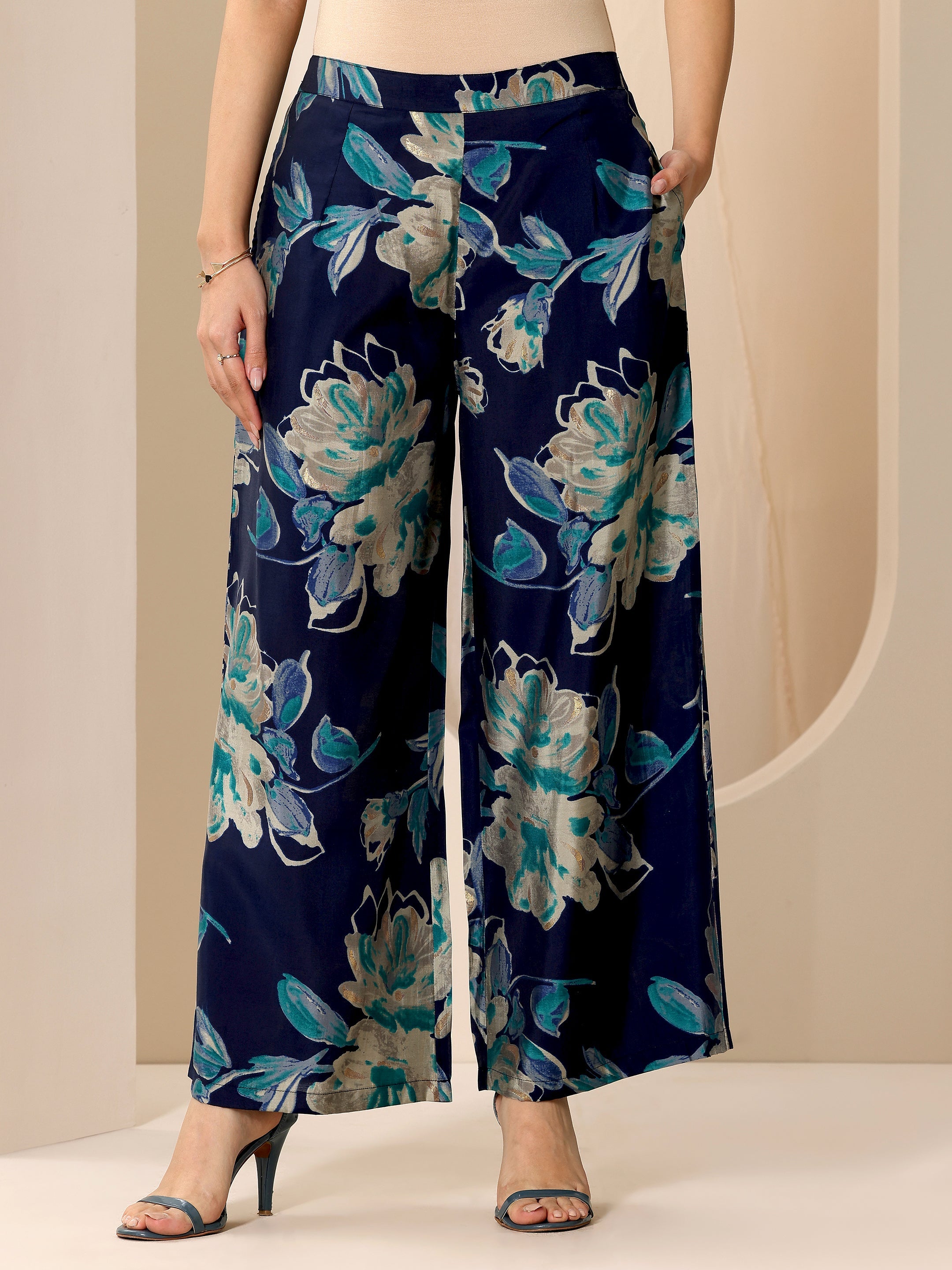 Blue Printed Silk Blend Straight Kurta Set