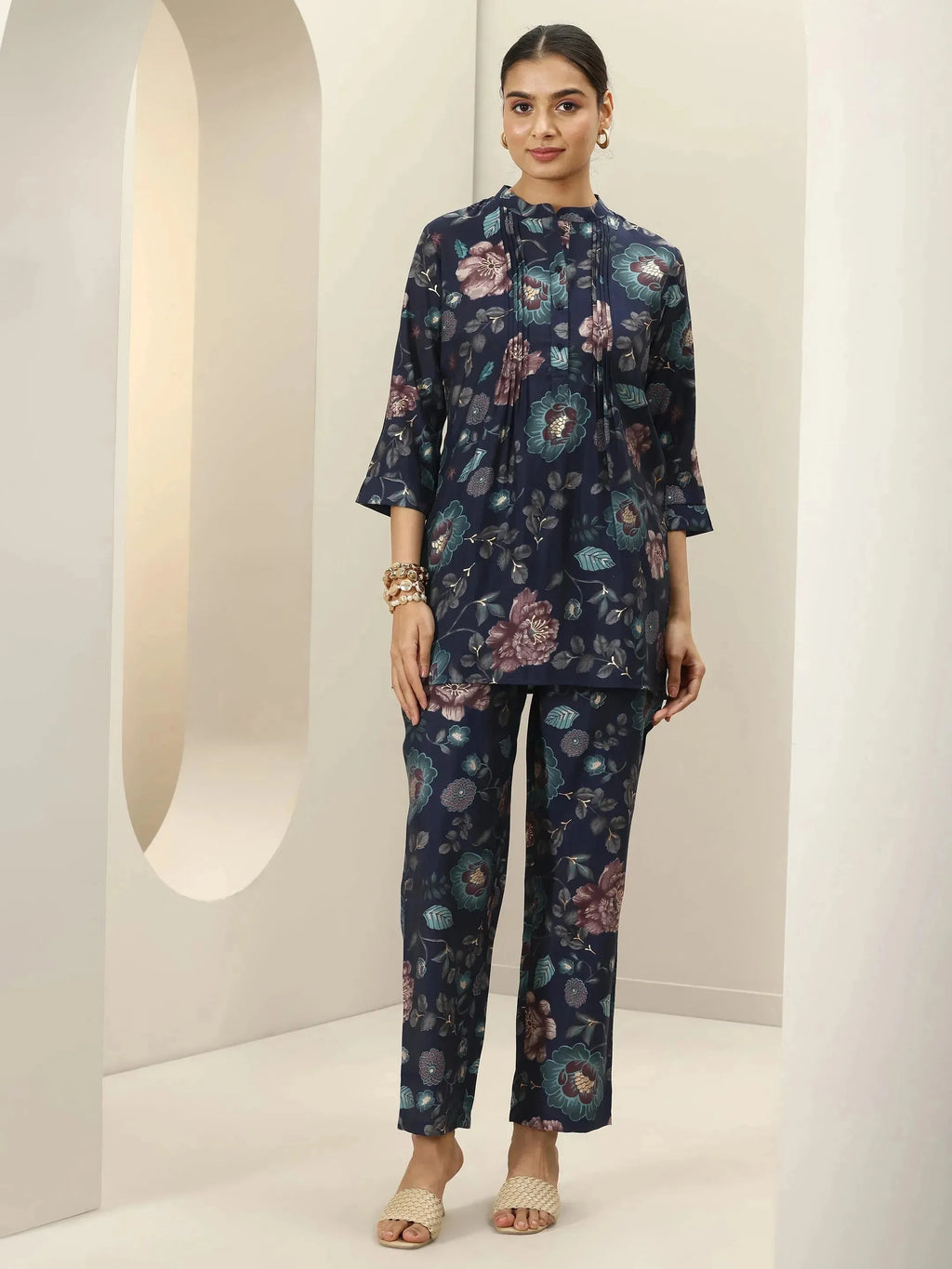 Blue Printed Silk Blend Co-Ord Sets