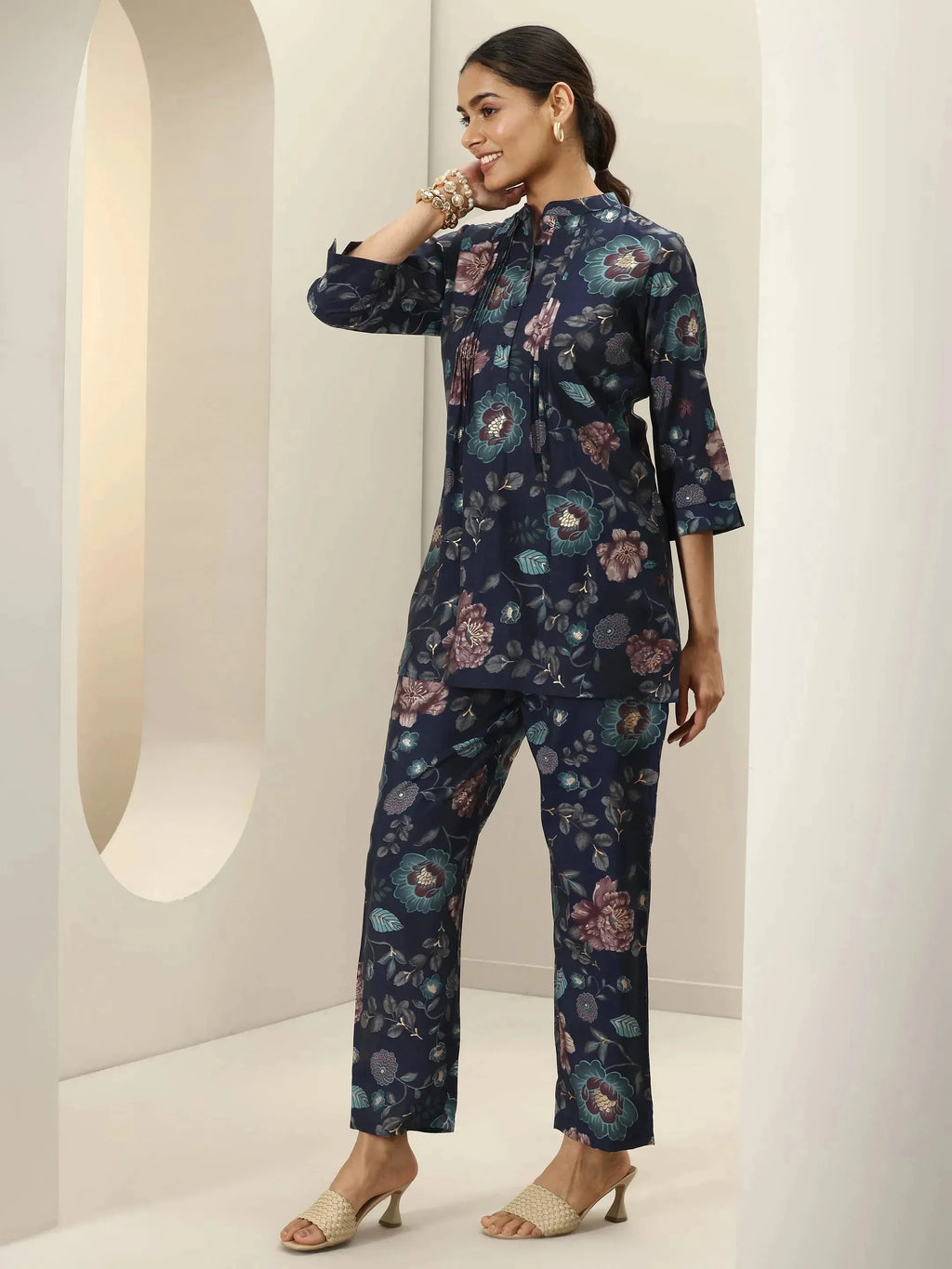 Blue Printed Silk Blend Co-Ord Sets