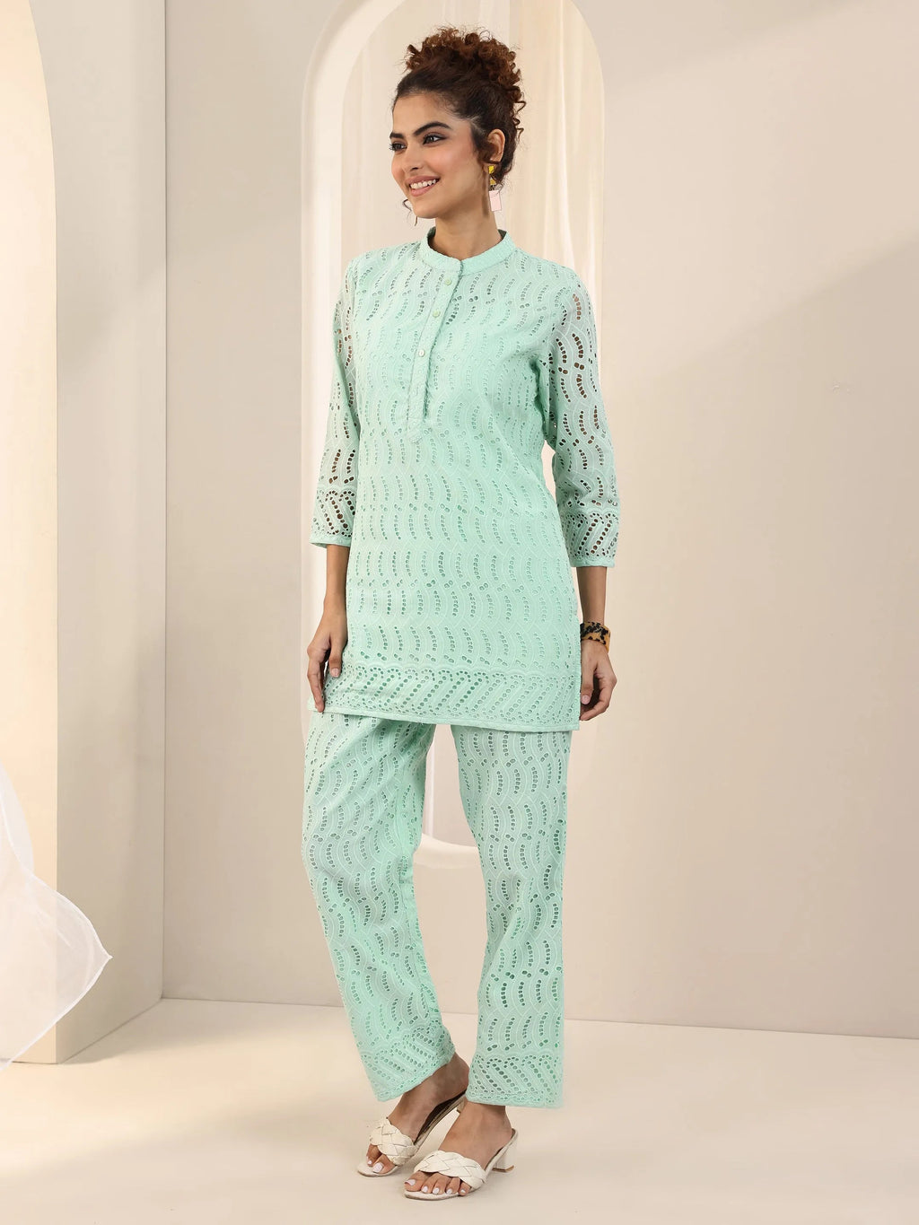 Green Self Design Cotton Co-Ord Sets