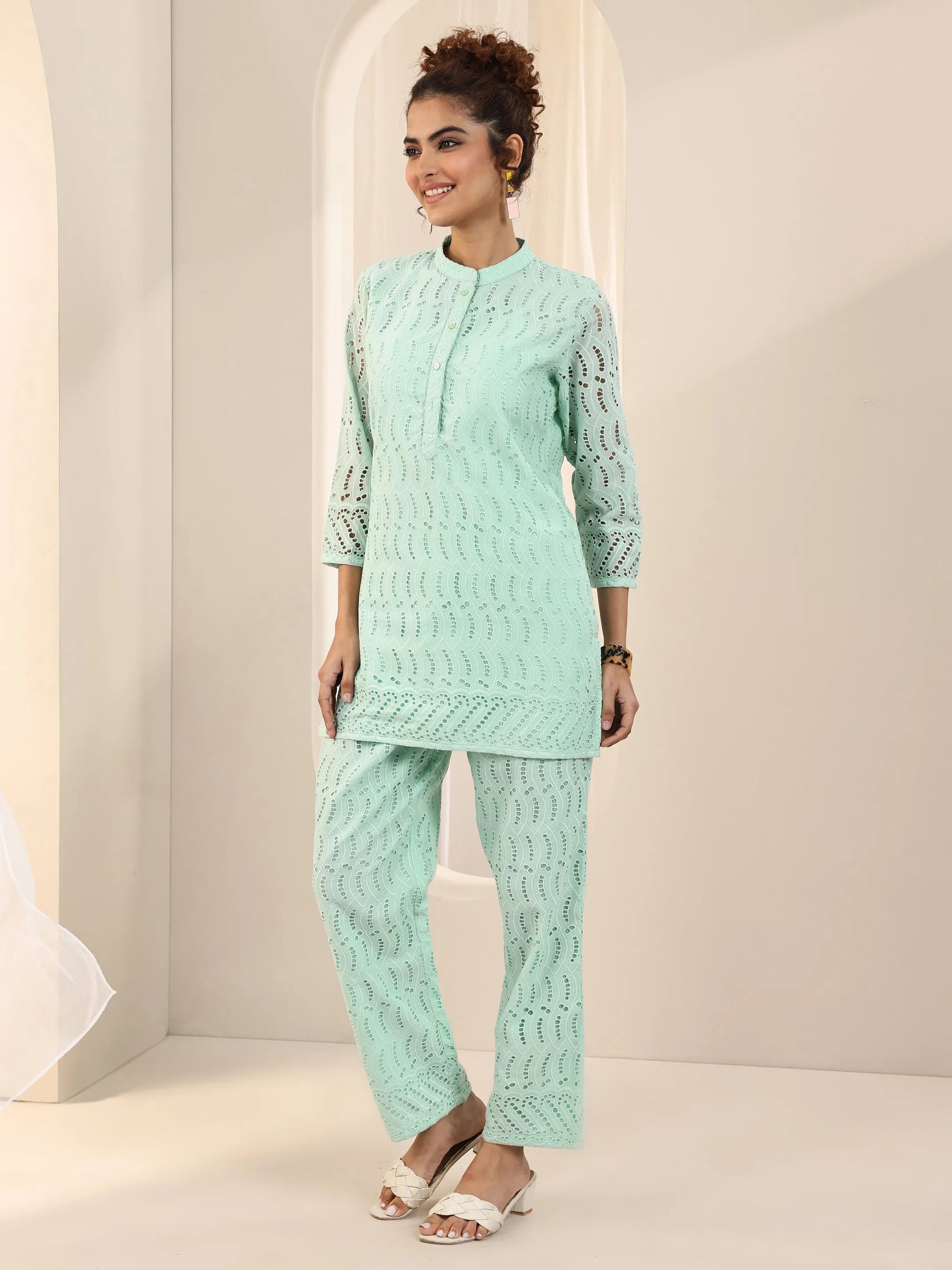 Green Self Design Cotton Co-Ord Sets