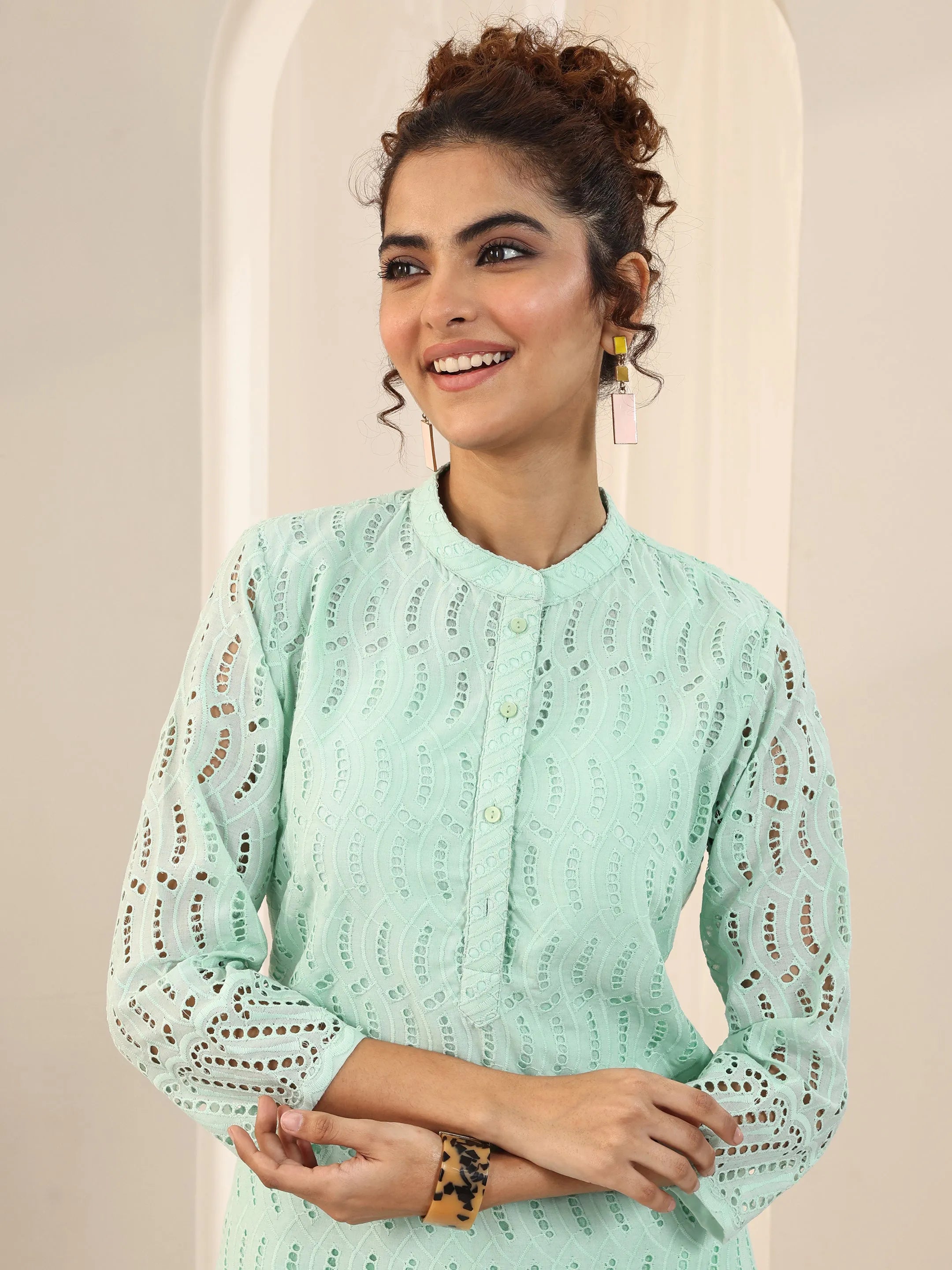 Green Self Design Cotton Co-Ord Sets