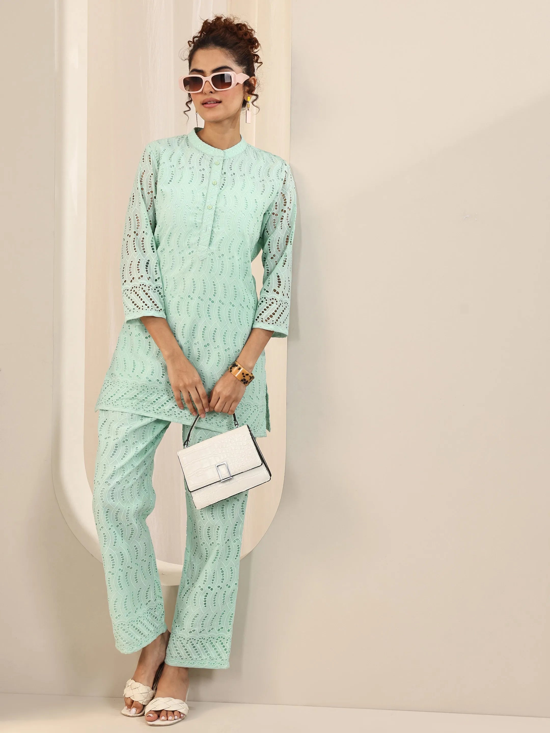 Green Self Design Cotton Co-Ord Sets