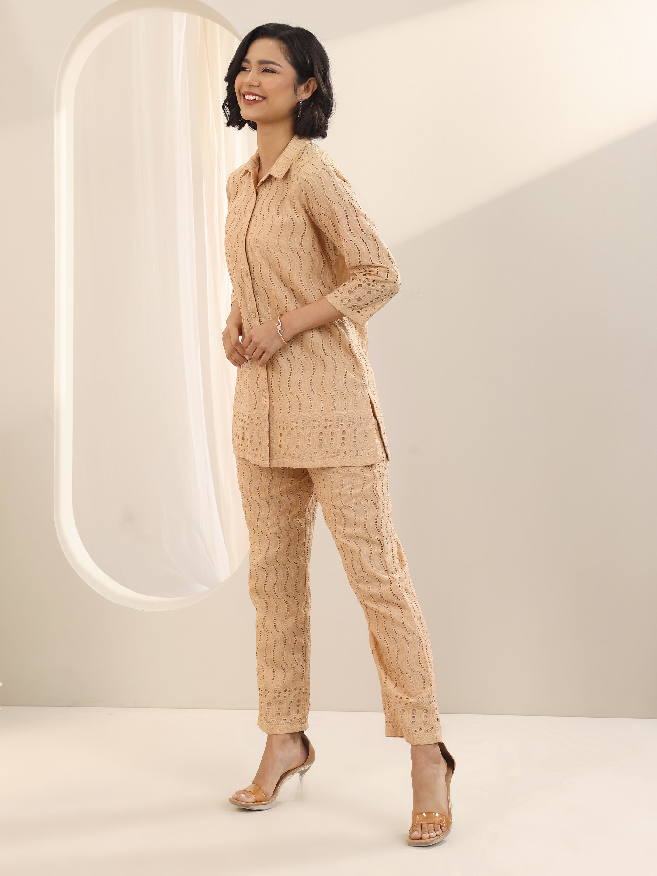 Beige Self Design Cotton Co-Ord Sets