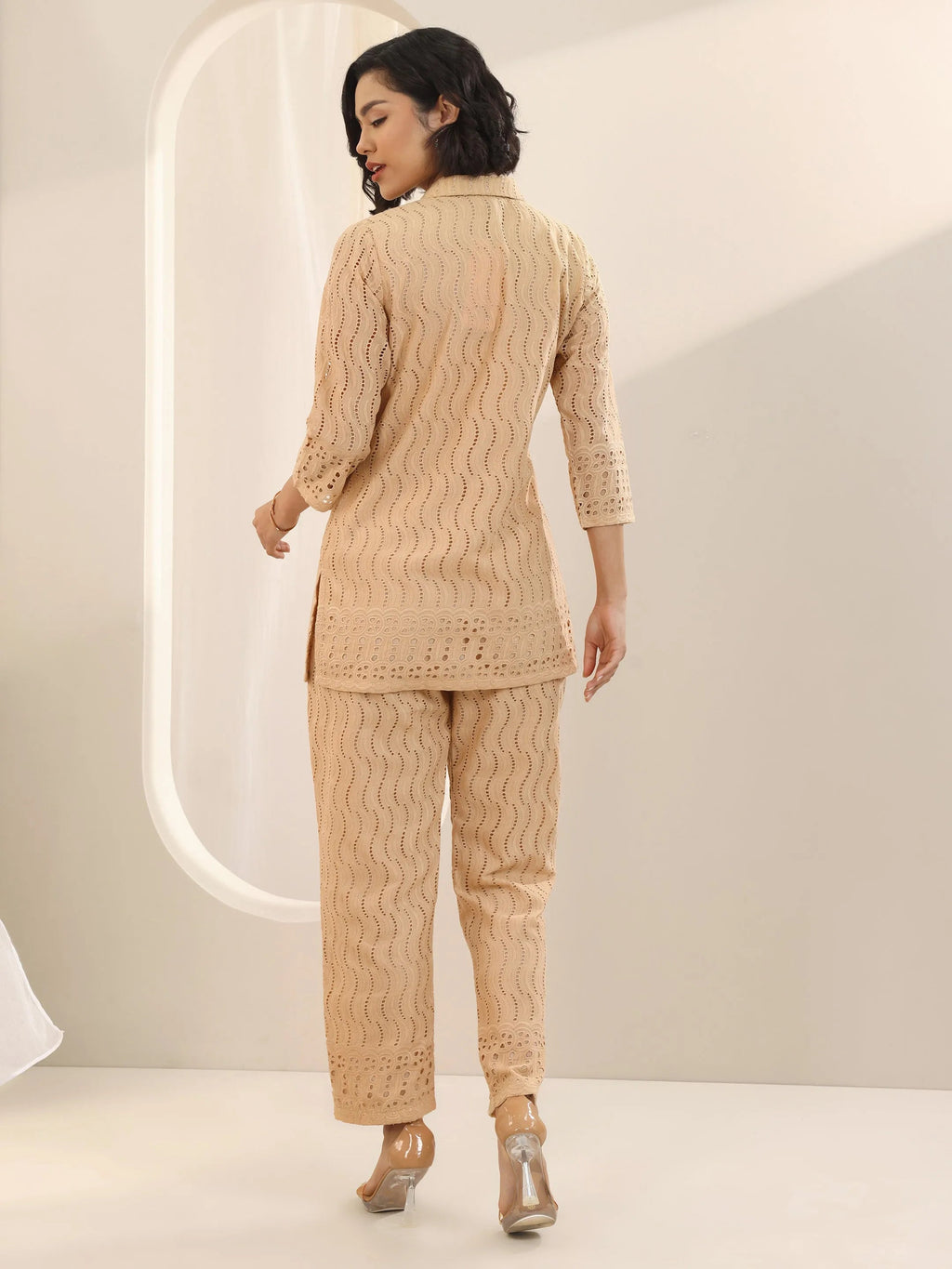 Beige Self Design Cotton Co-Ord Sets