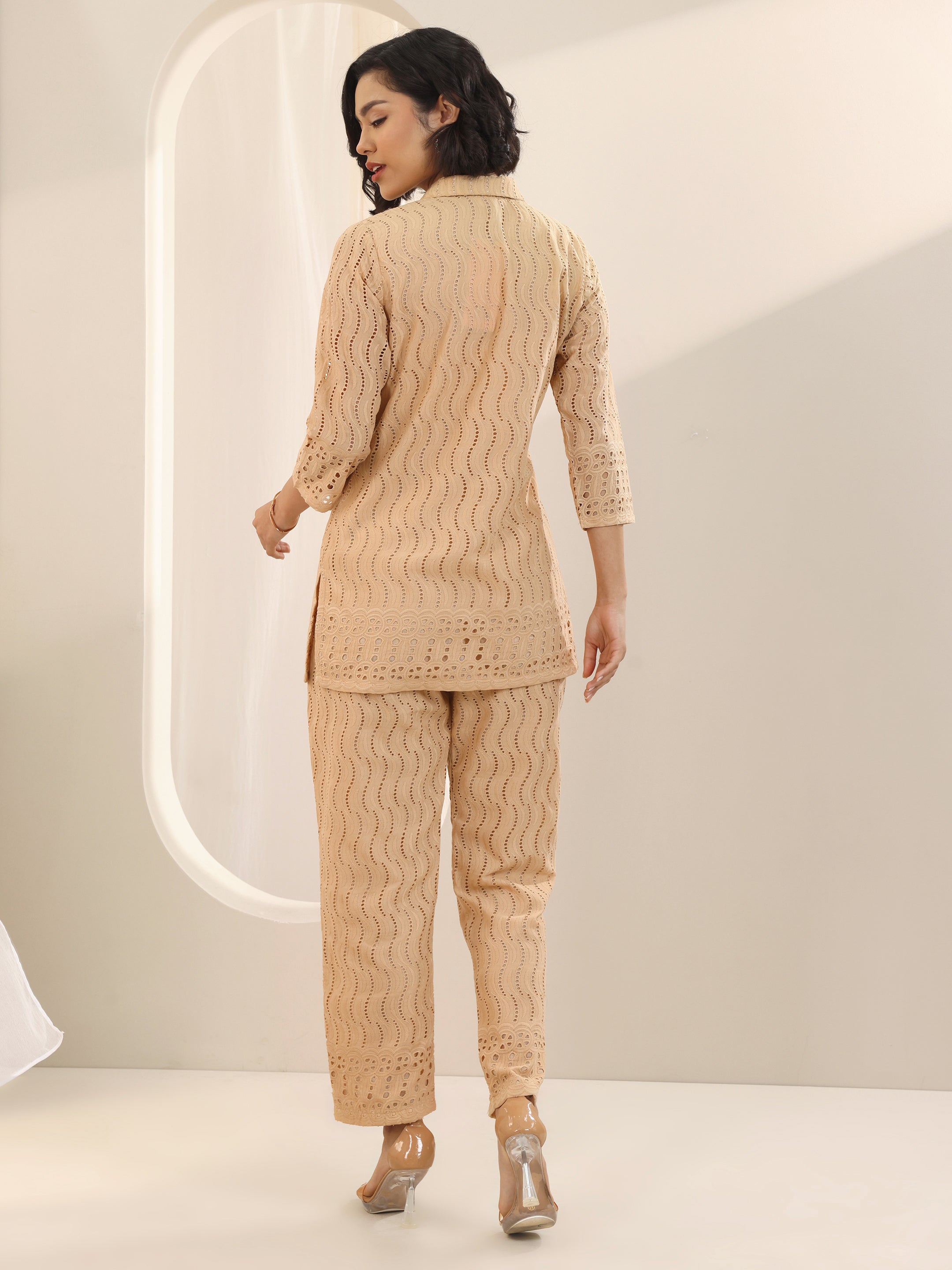 Beige Self Design Cotton Co-Ord Sets