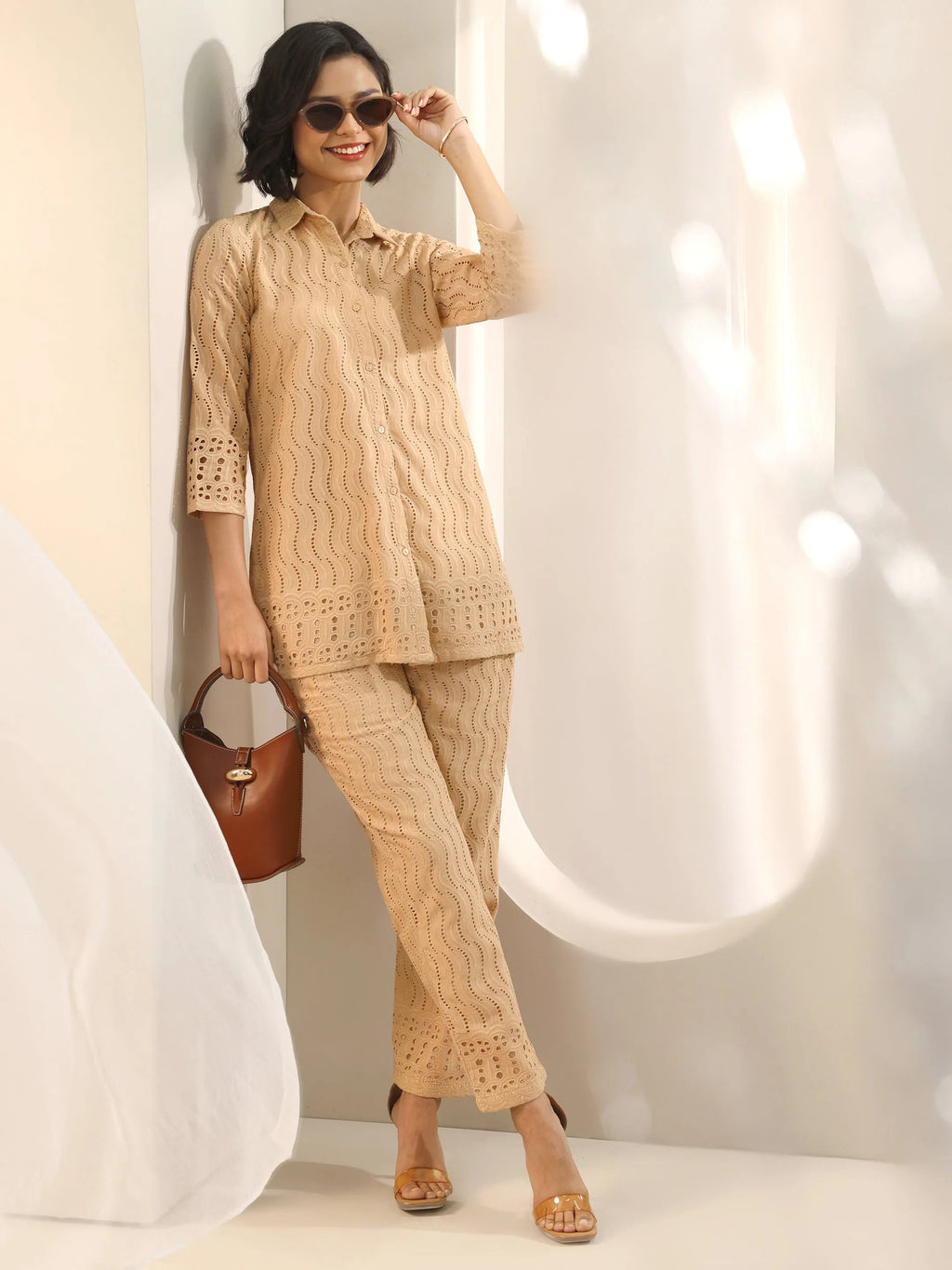 Beige Self Design Cotton Co-Ord Sets