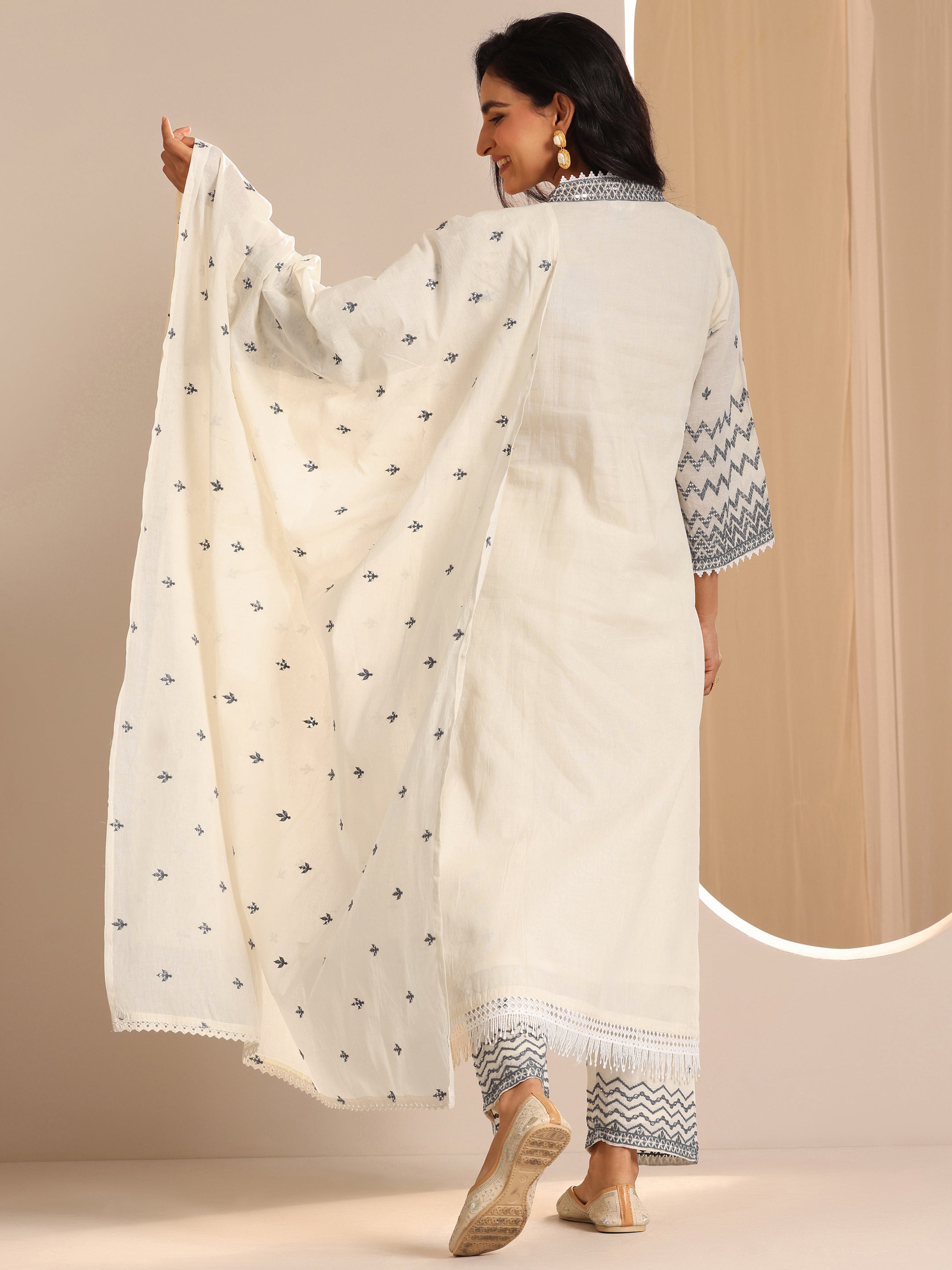 Off White Embroidered Cotton Straight Suit Set With Dupatta