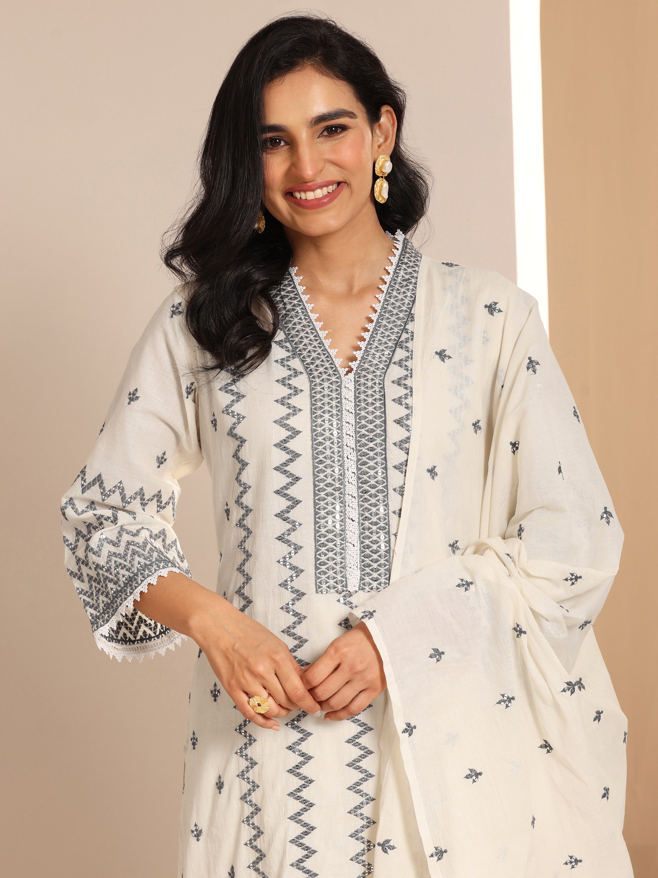 Off White Embroidered Cotton Straight Suit Set With Dupatta