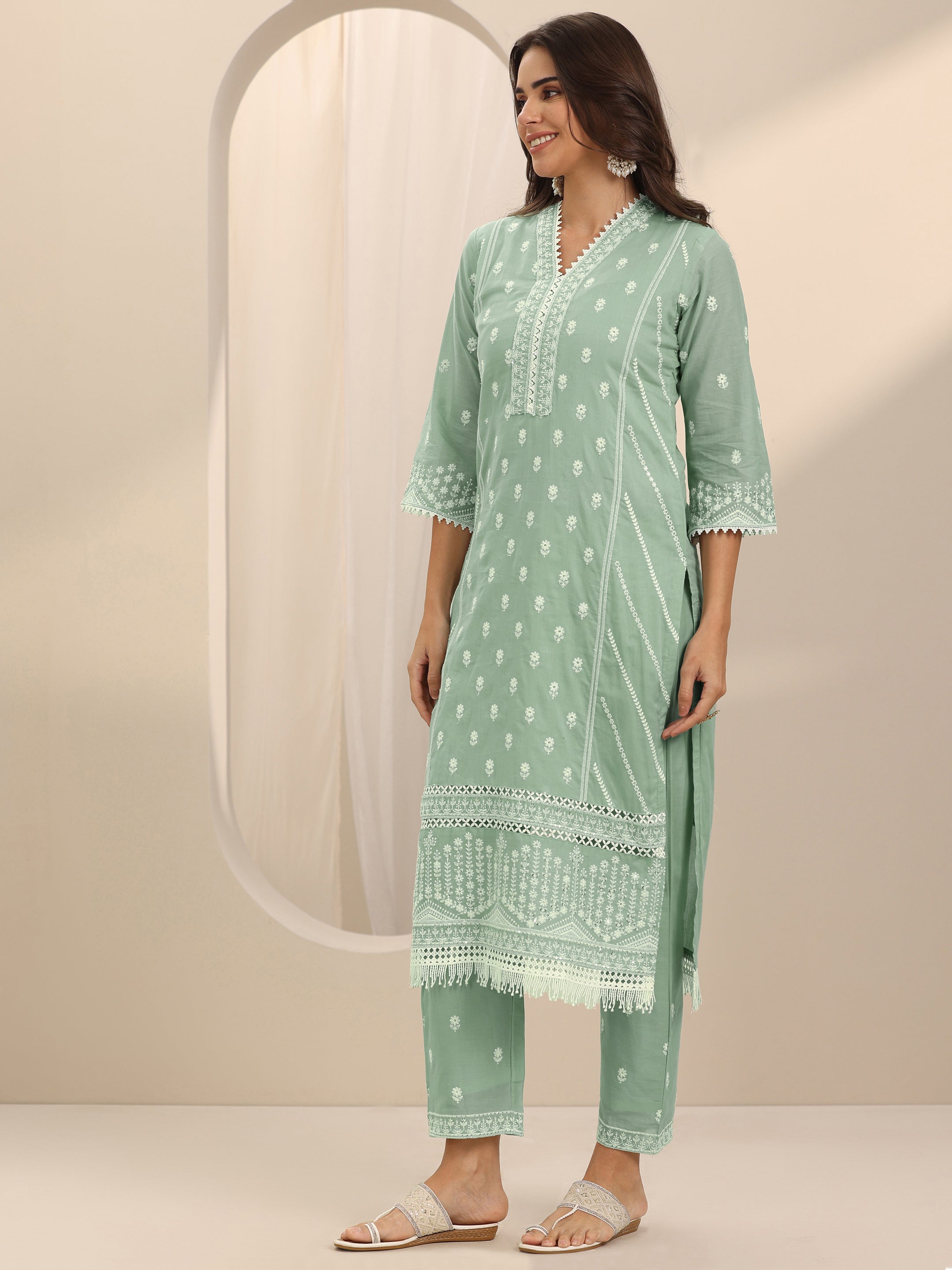 Green Embroidered Cotton Straight Suit Set With Dupatta