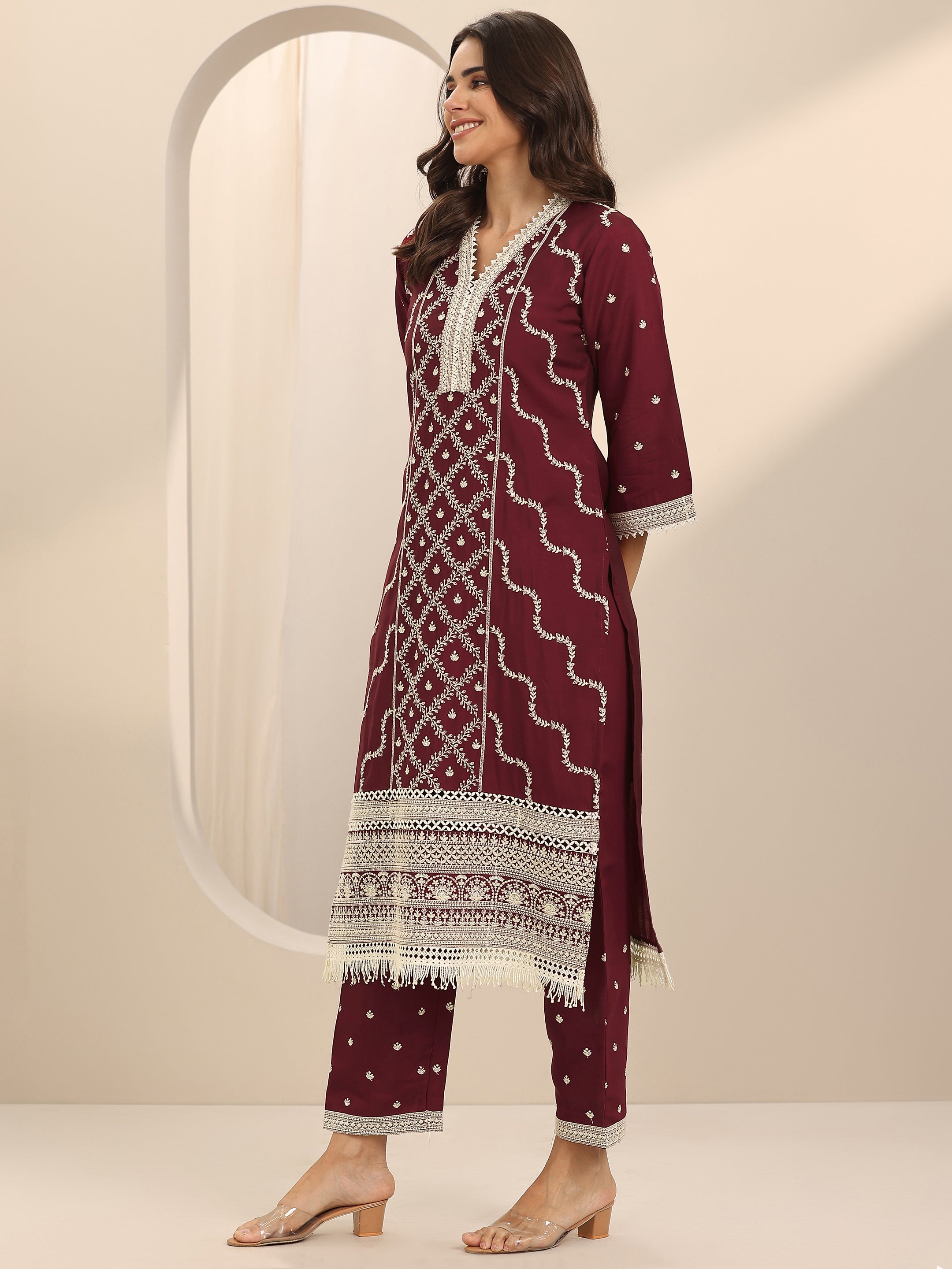 Maroon Embroidered Silk Blend Straight Suit Set With Dupatta