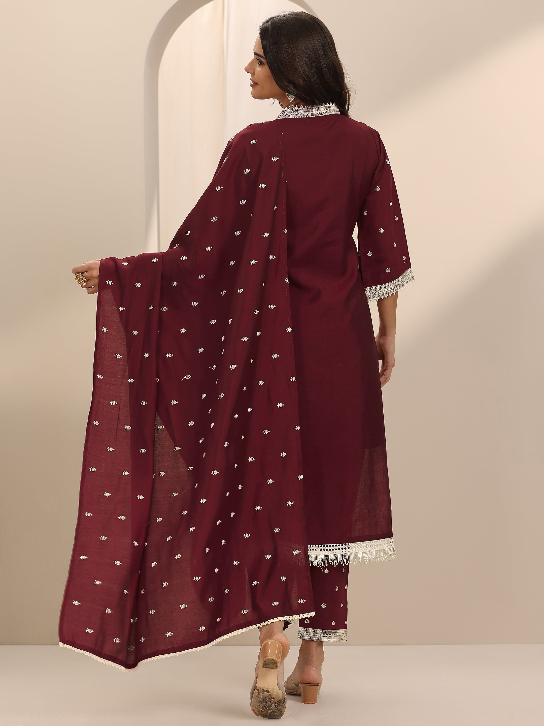 Maroon Embroidered Silk Blend Straight Suit Set With Dupatta