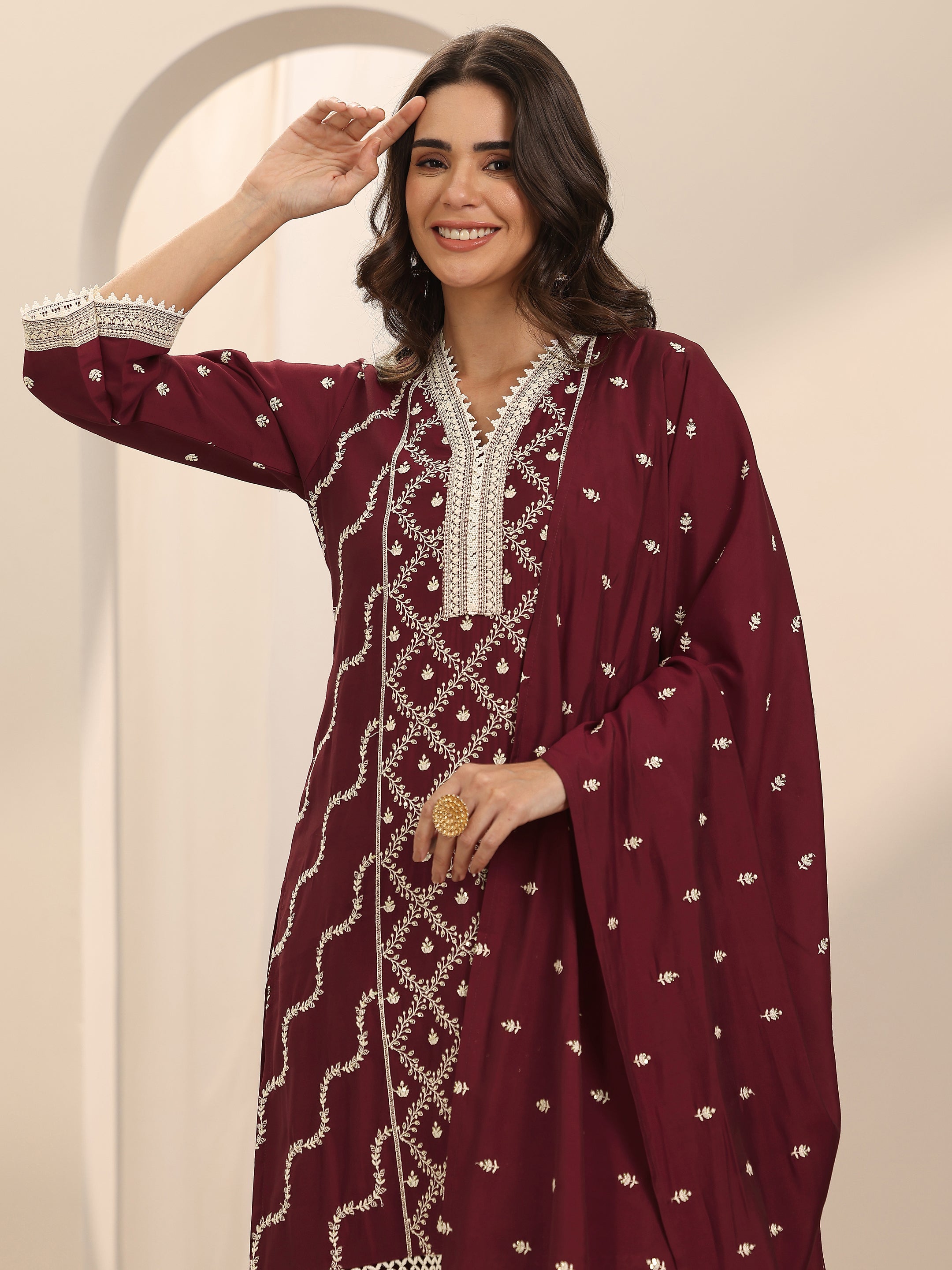 Maroon Embroidered Silk Blend Straight Suit Set With Dupatta