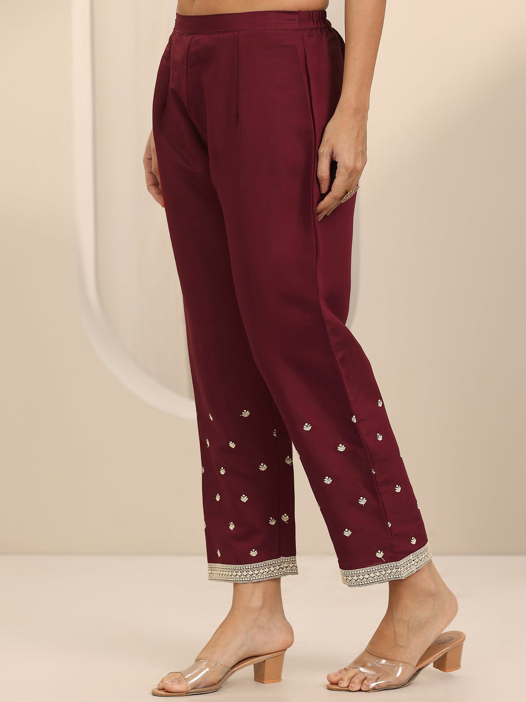 Maroon Embroidered Silk Blend Straight Suit Set With Dupatta