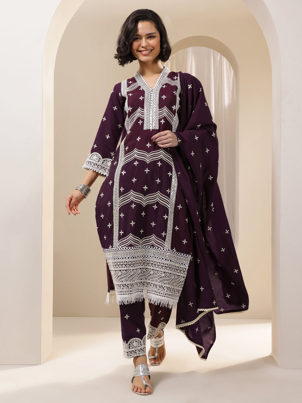 Burgundy Embroidered Silk Blend Straight Suit Sets With Dupatta