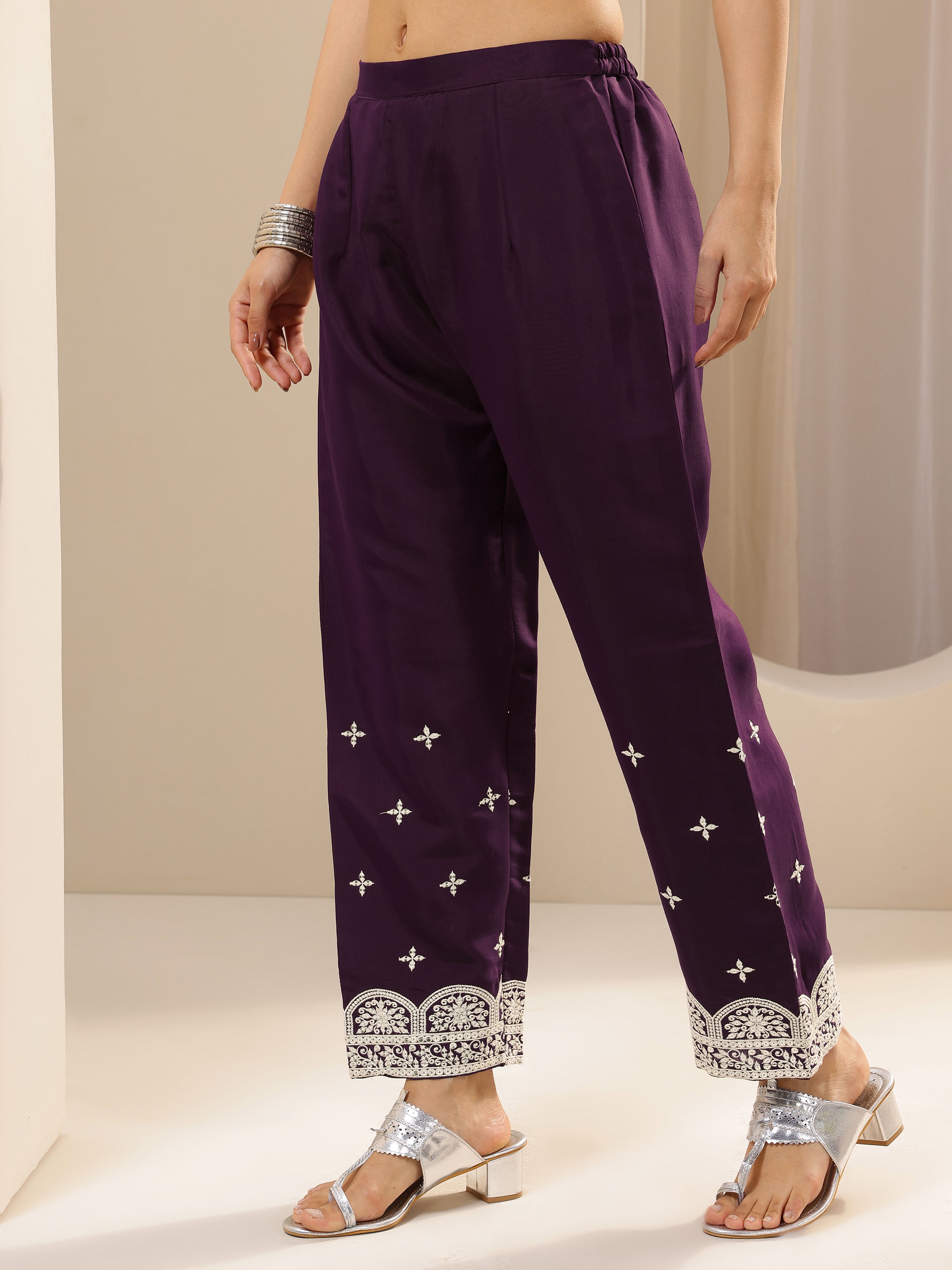 Burgundy Embroidered Silk Blend Straight Suit Sets With Dupatta