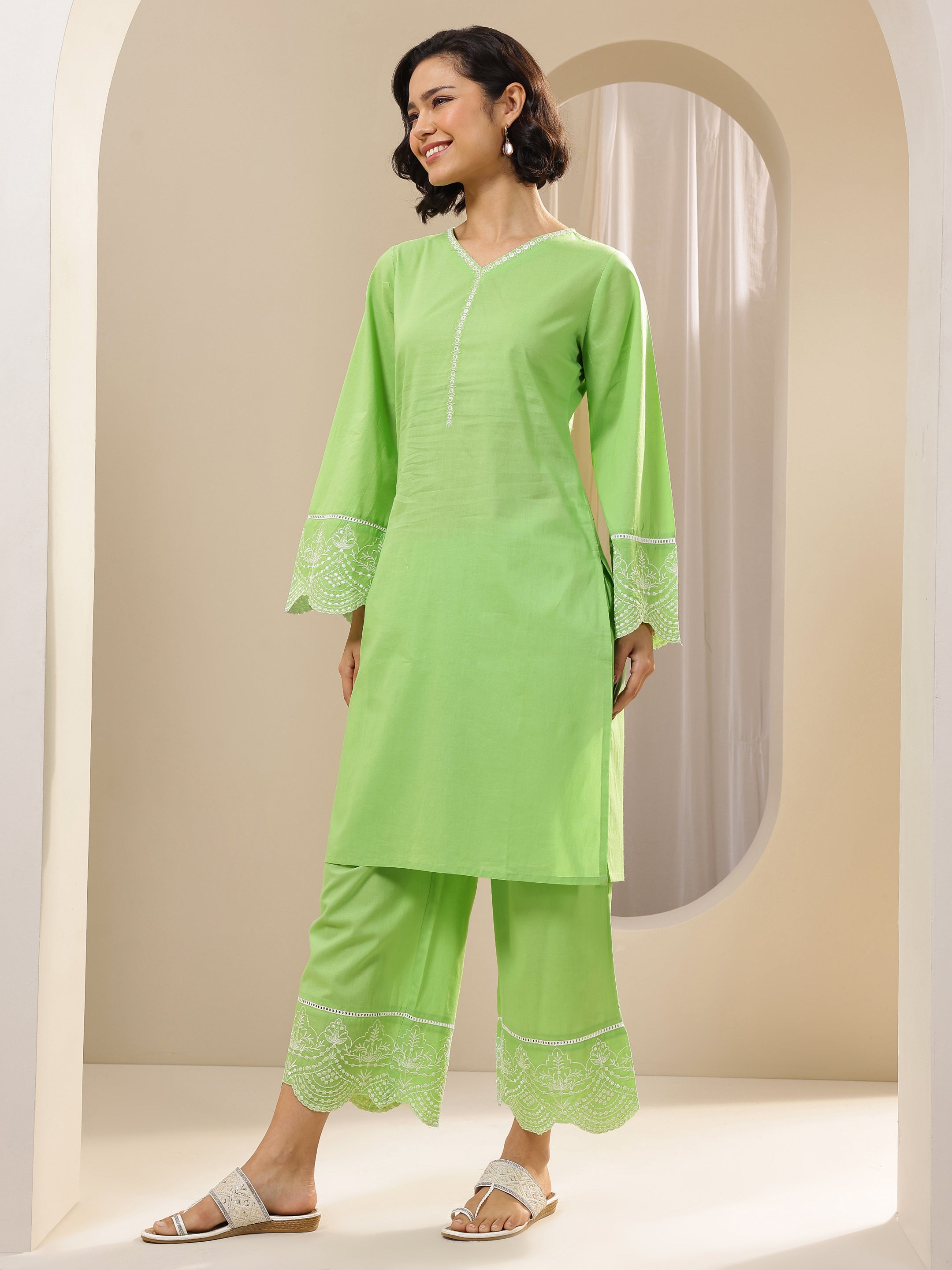 Green Solid Cotton Straight Suit Sets With Dupatta