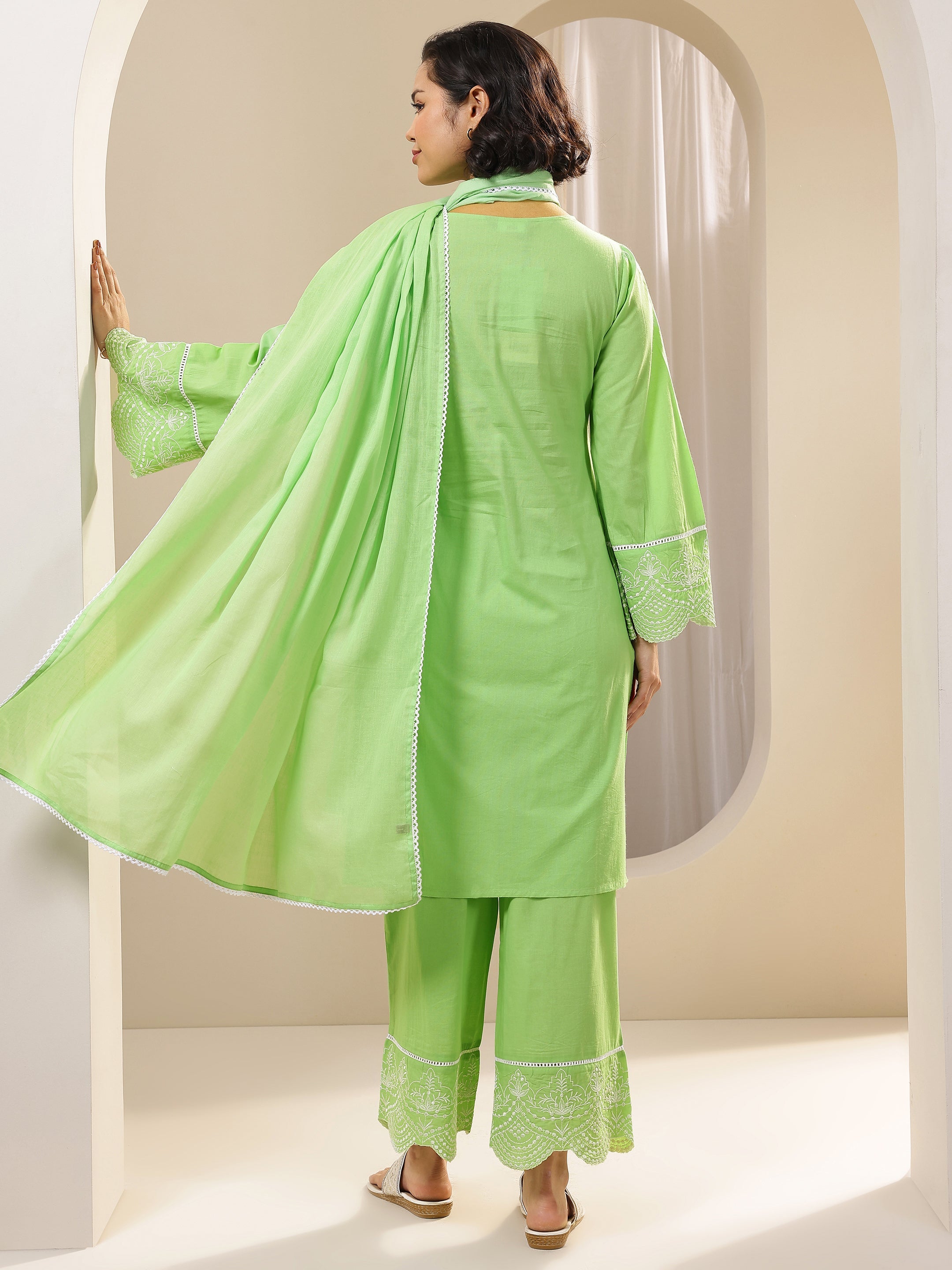 Green Solid Cotton Straight Suit Sets With Dupatta
