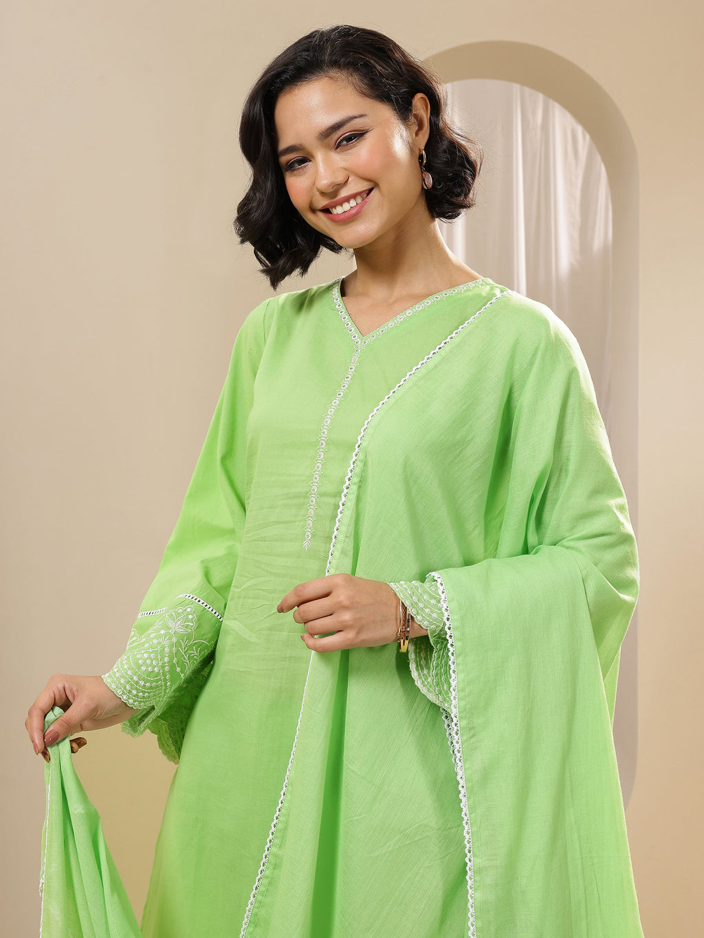 Green Solid Cotton Straight Suit Sets With Dupatta