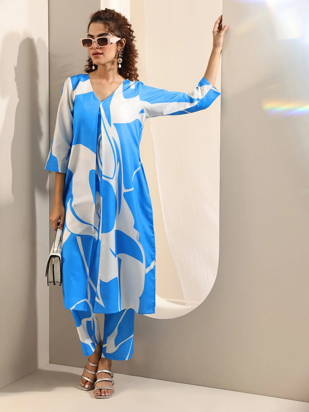 Blue Printed Rayon Straight Kurta Set