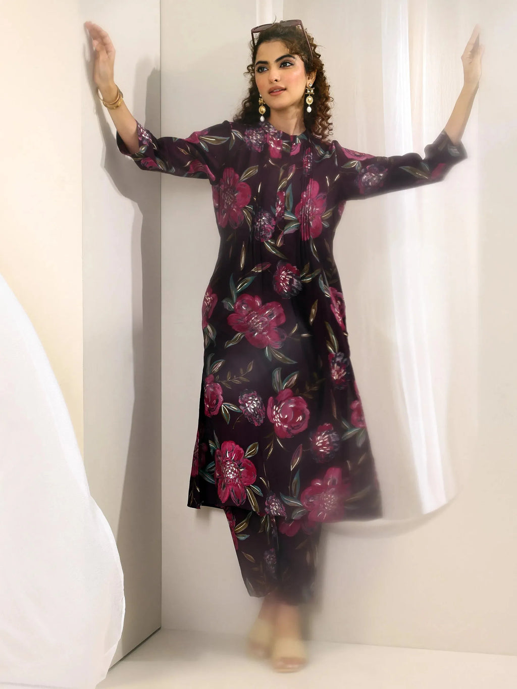 Burgundy Printed Silk Blend Straight Kurta Set