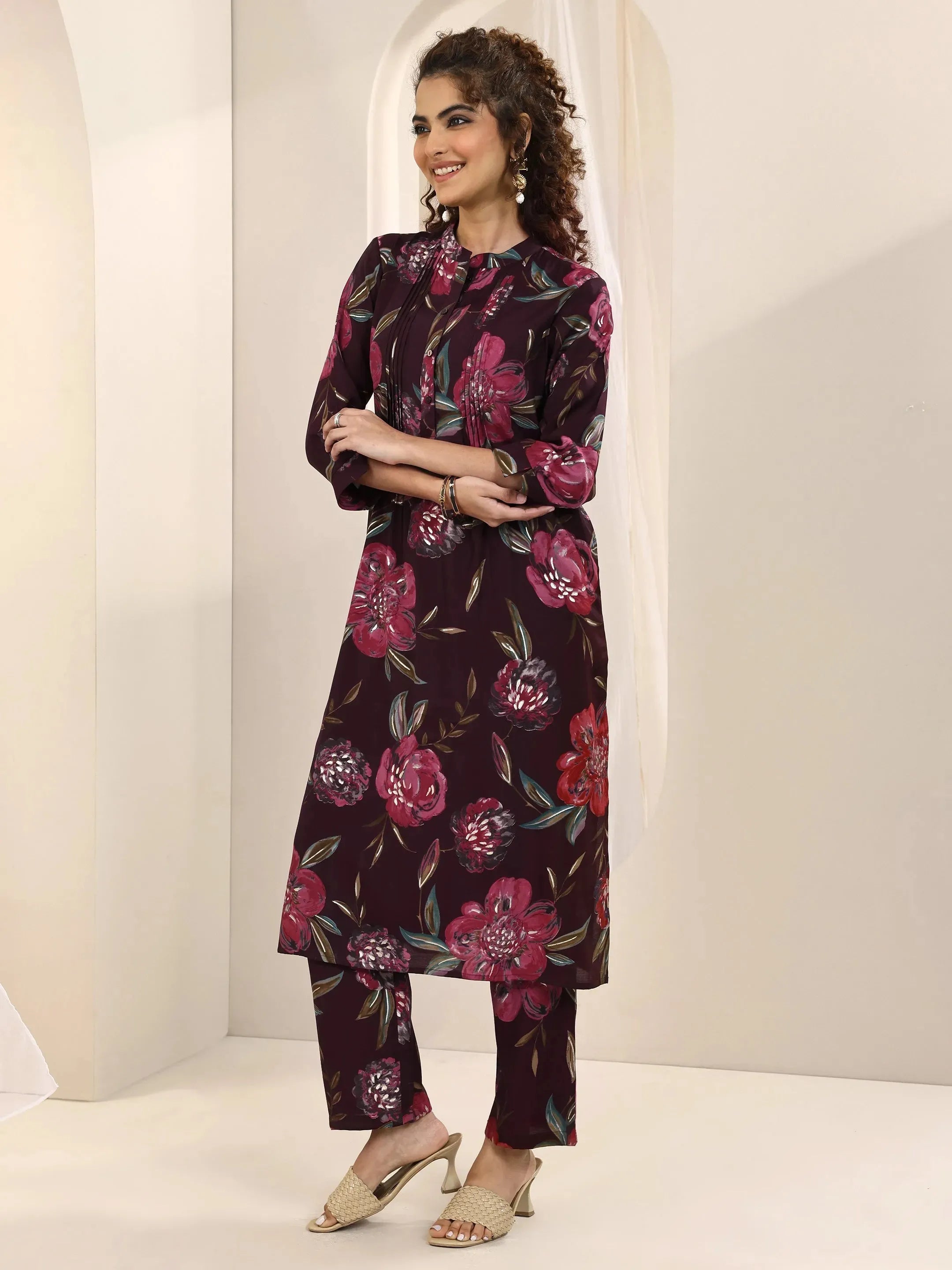 Burgundy Printed Silk Blend Straight Kurta Set