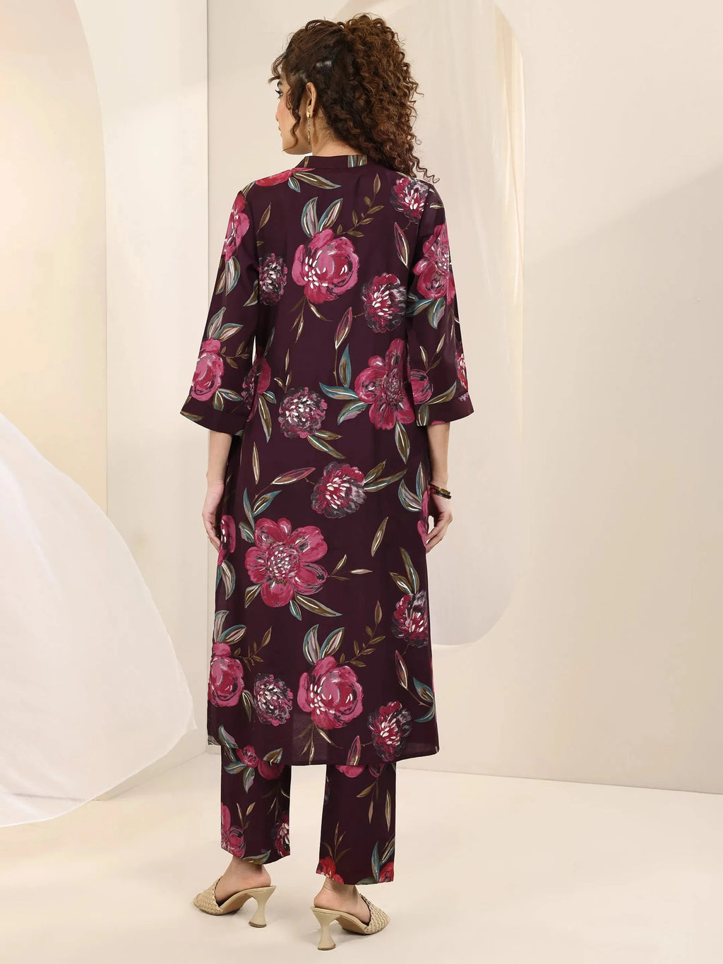 Burgundy Printed Silk Blend Straight Kurta Set