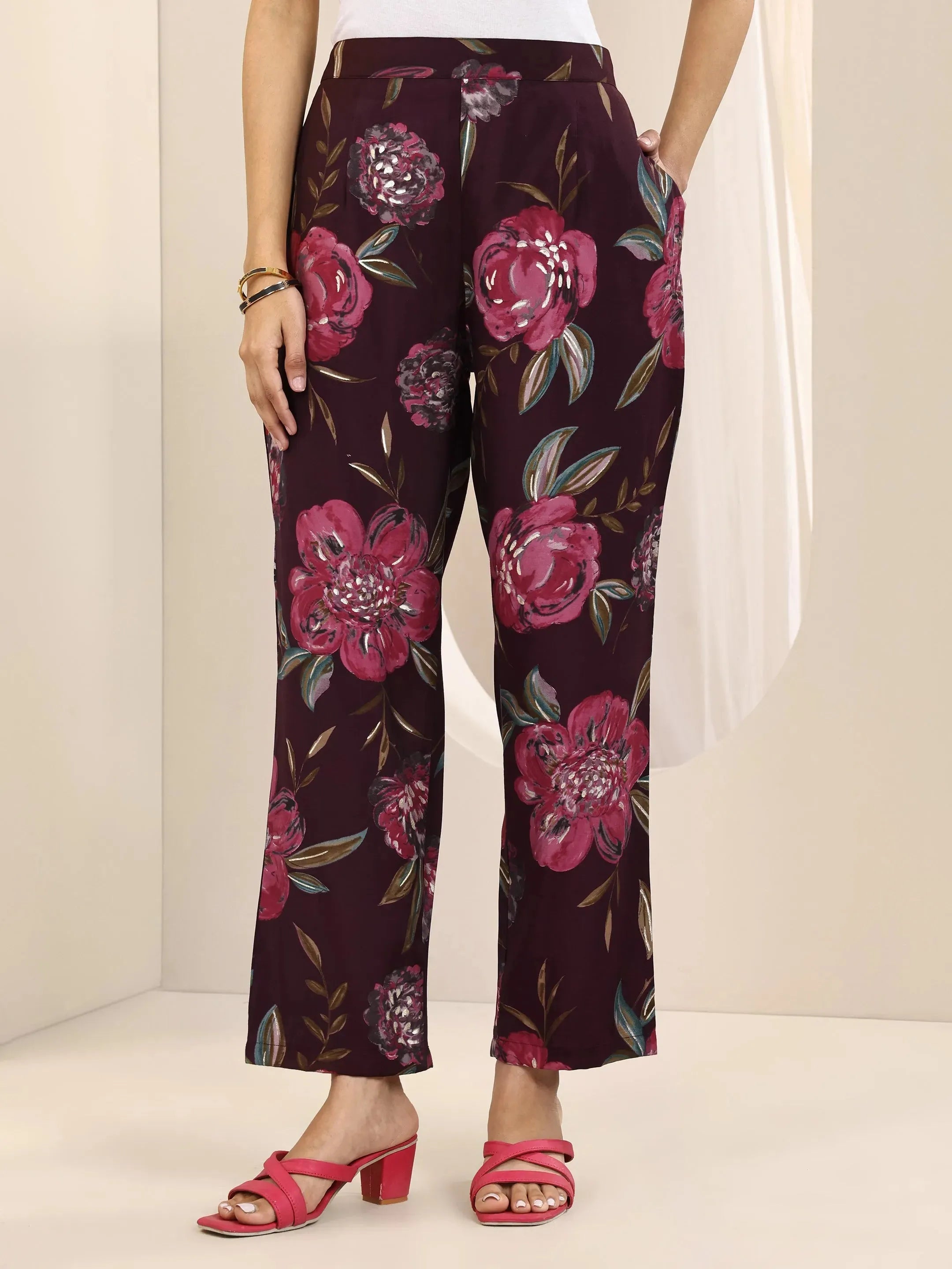 Burgundy Printed Silk Blend Straight Kurta Set