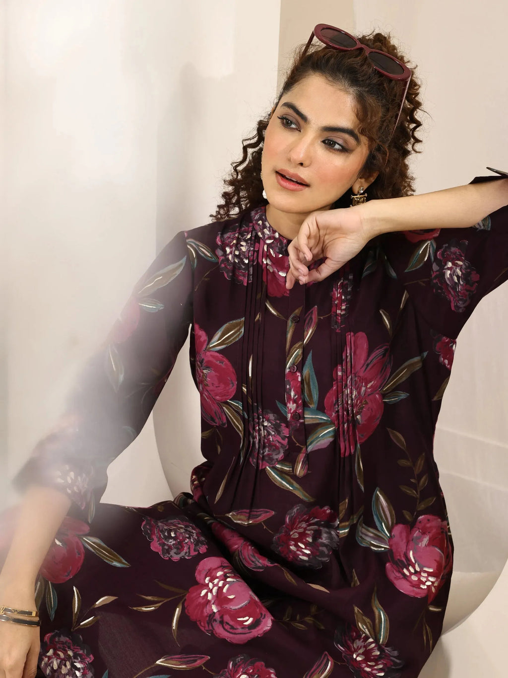 Burgundy Printed Silk Blend Straight Kurta Set