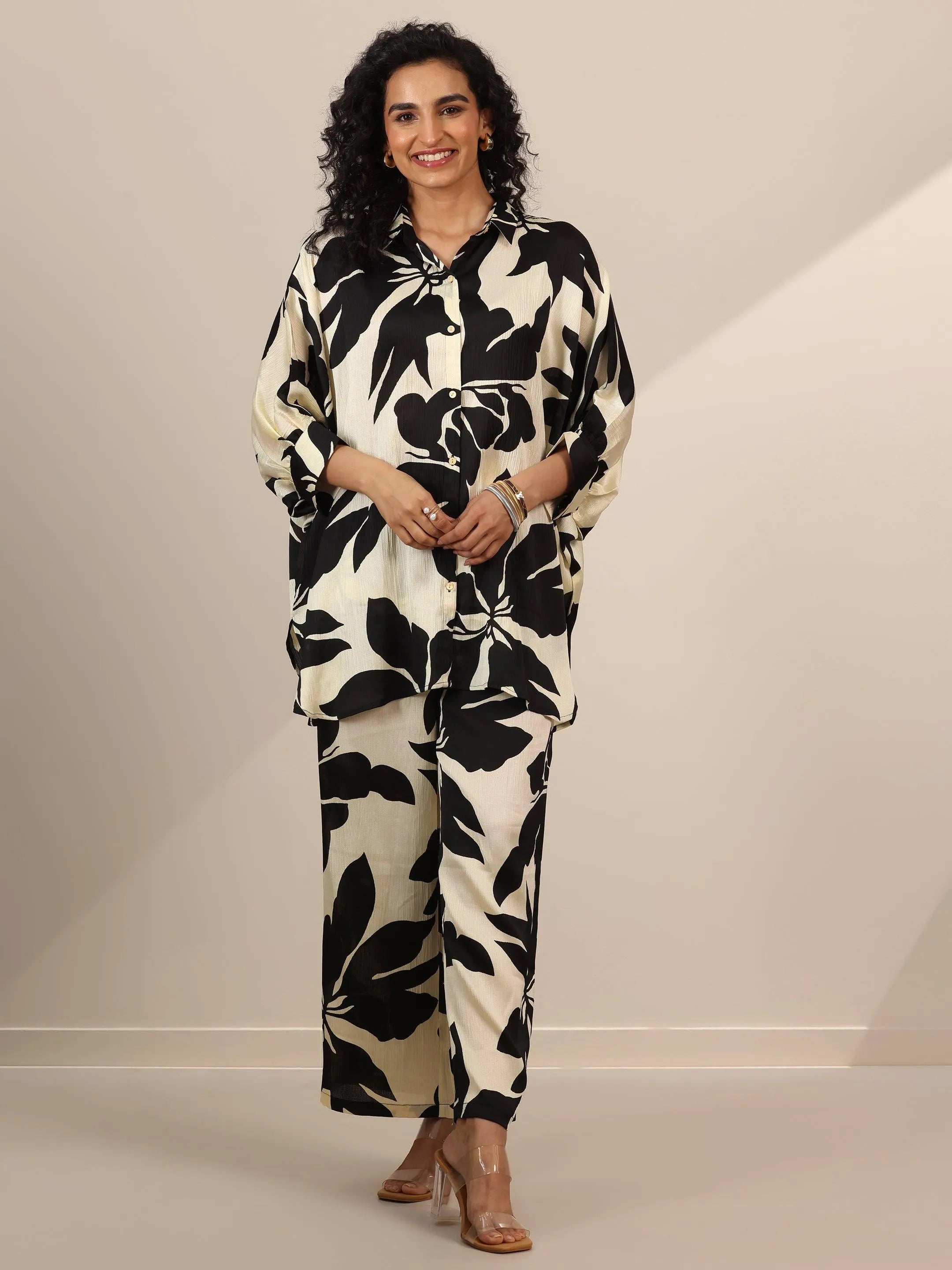 Off White Printed Silk Blend Co-Ord Sets