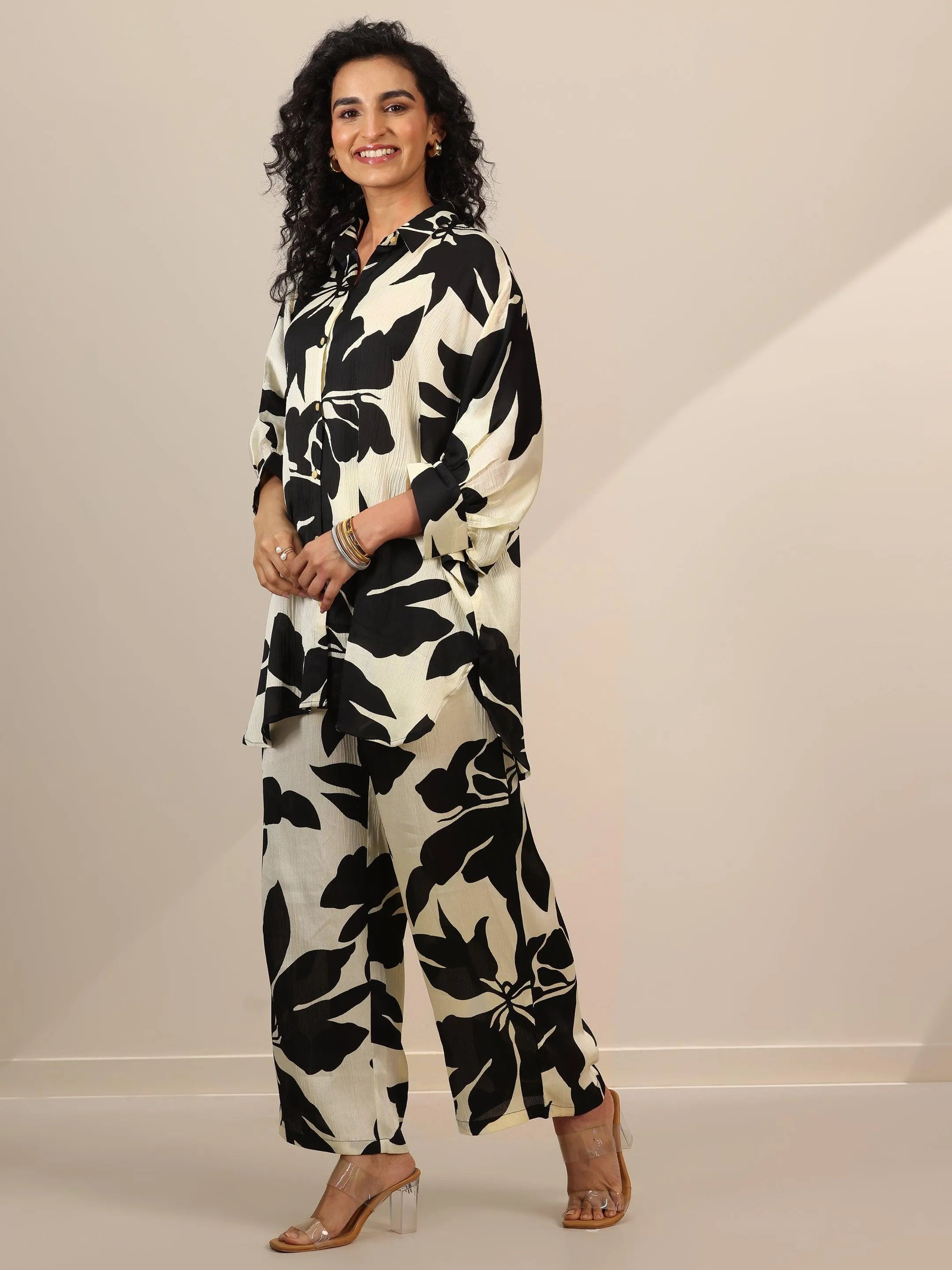 Off White Printed Silk Blend Co-Ord Sets