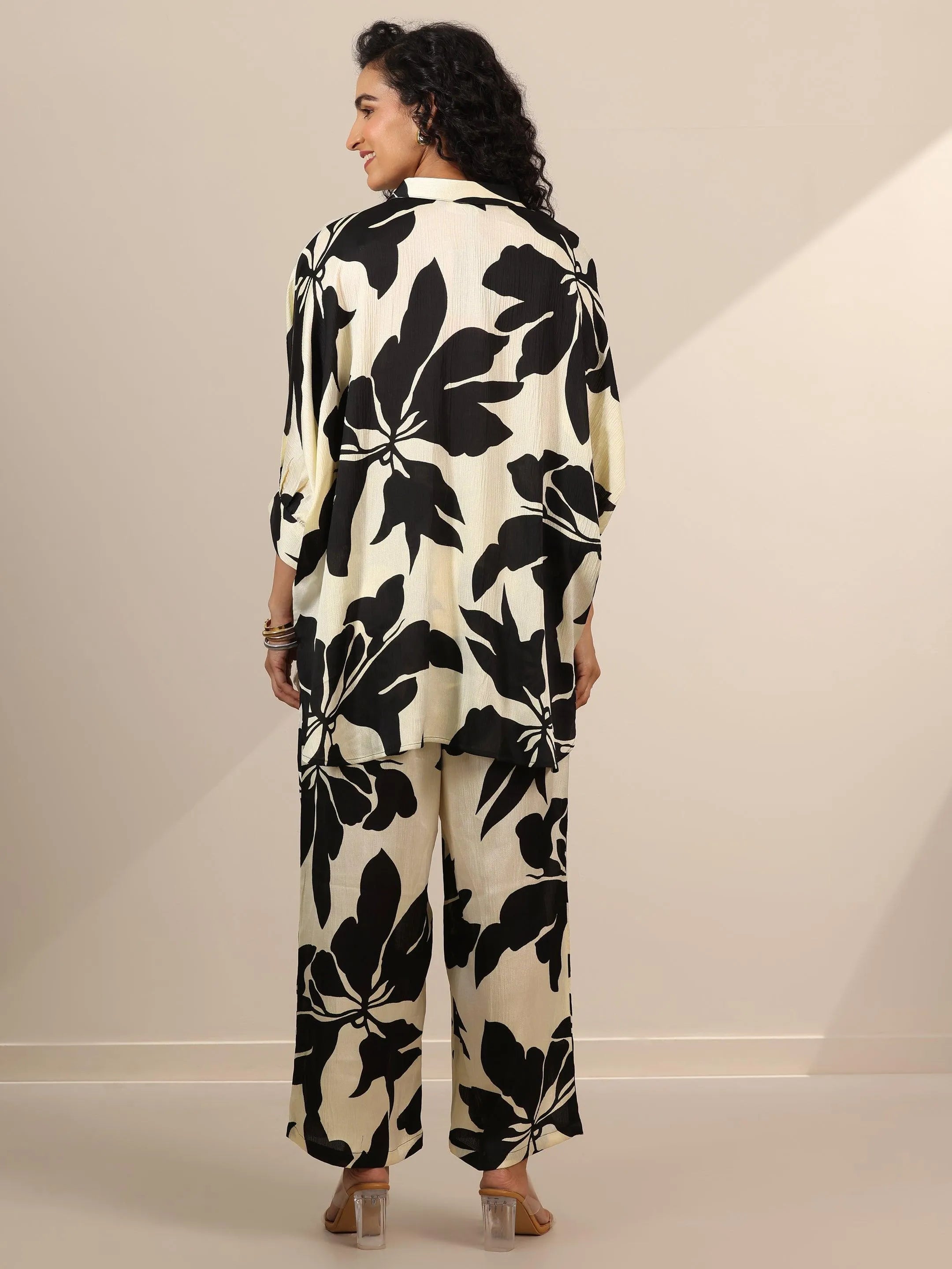 Off White Printed Silk Blend Co-Ord Sets