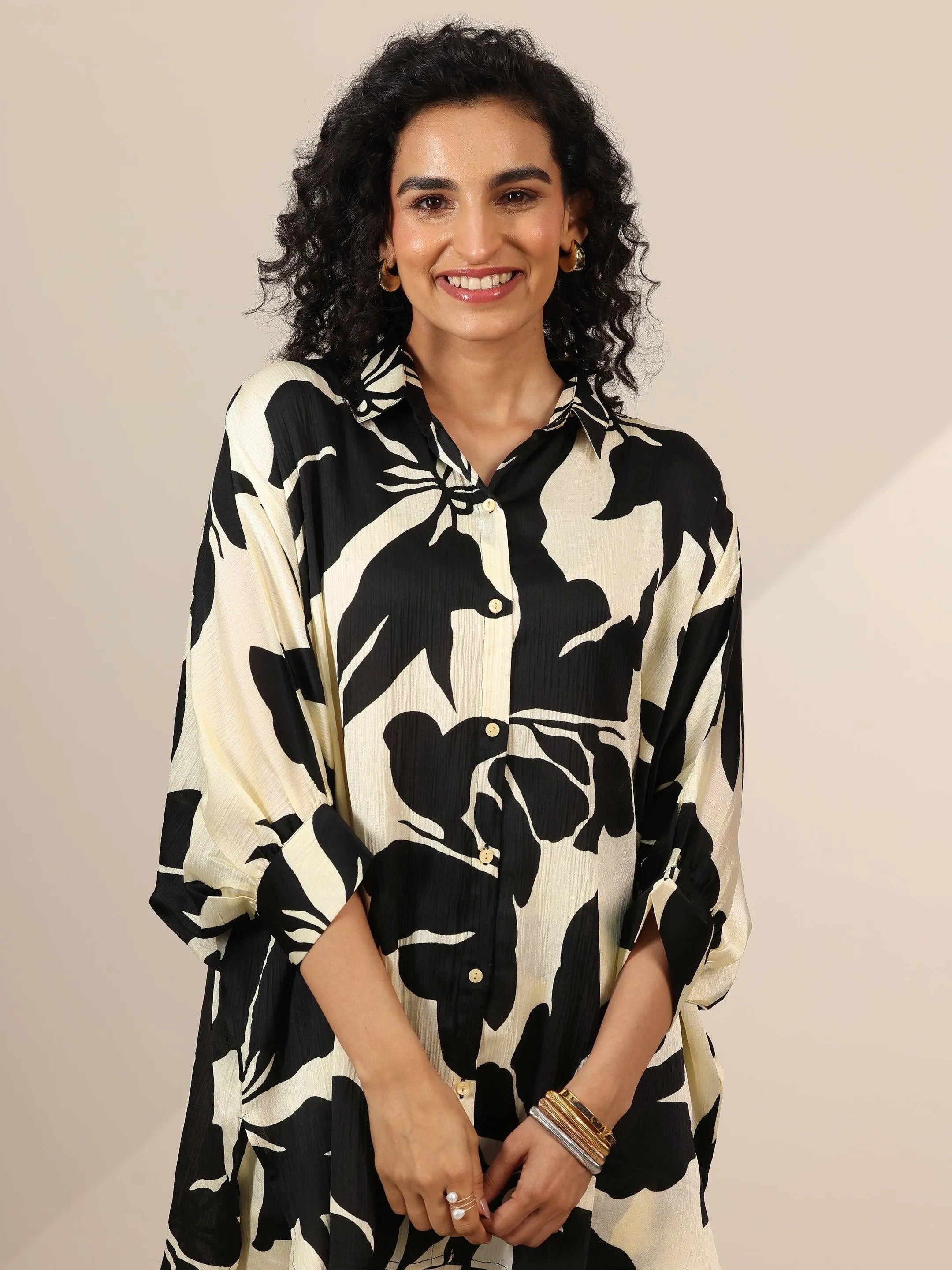 Off White Printed Silk Blend Co-Ord Sets