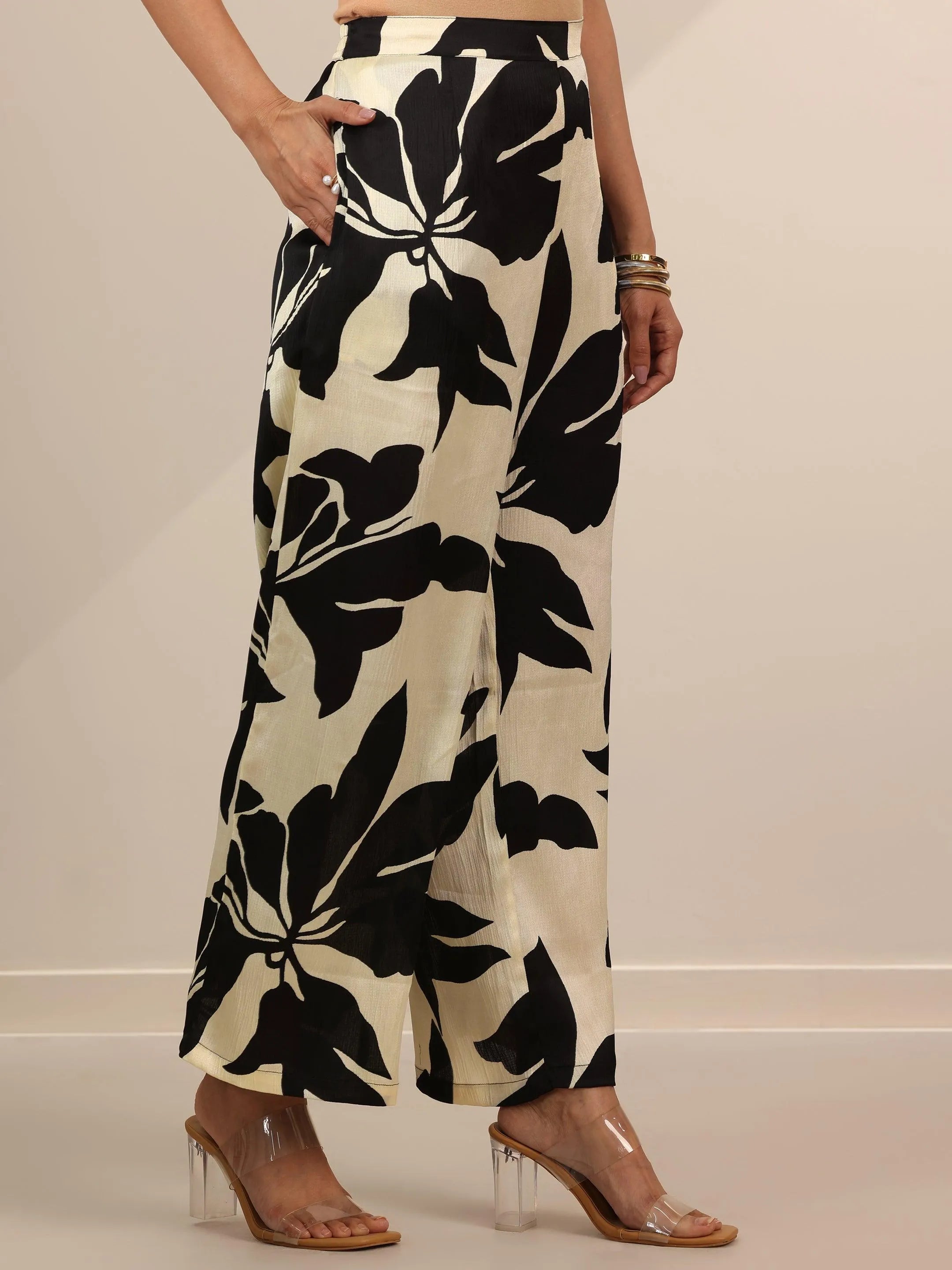 Off White Printed Silk Blend Co-Ord Sets