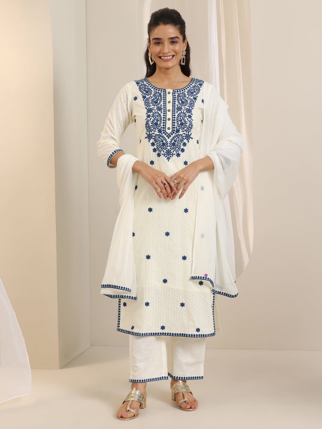 Off White Embroidered Cotton Straight Suit Set With Dupatta