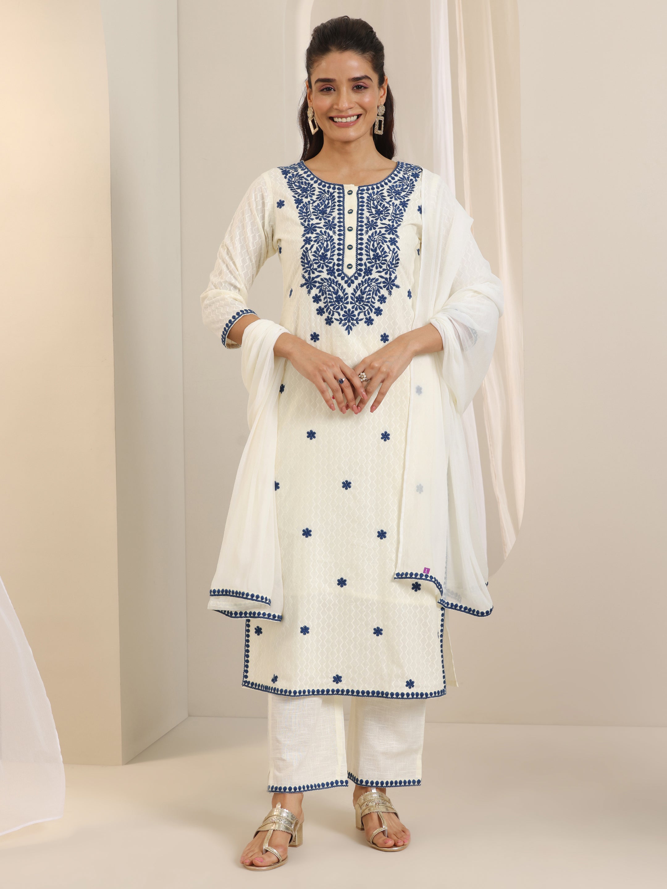 Off White Embroidered Cotton Straight Suit Set With Dupatta