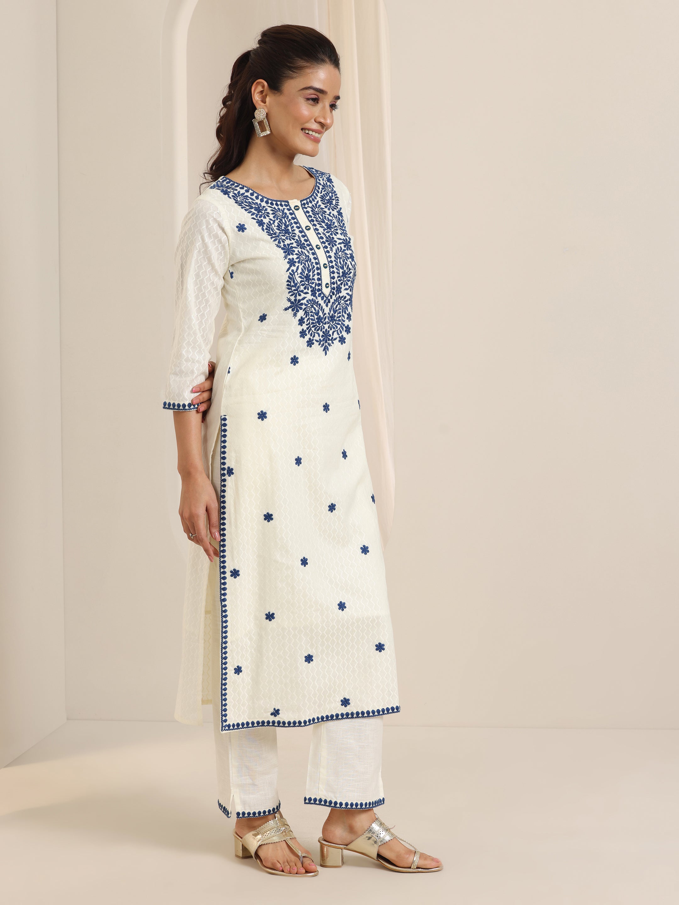 Off White Embroidered Cotton Straight Suit Set With Dupatta