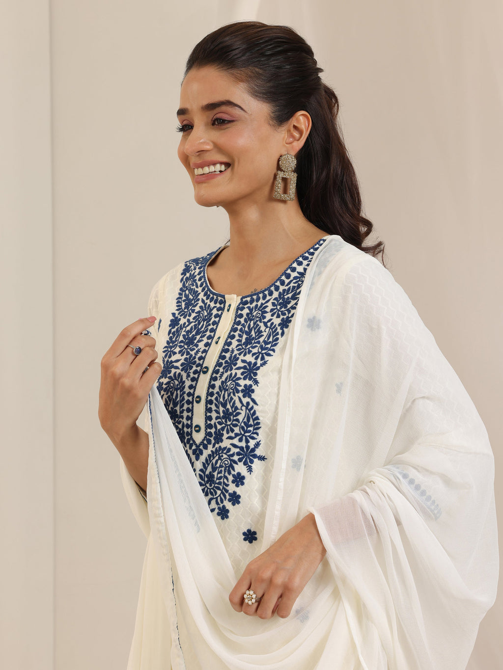 Off White Embroidered Cotton Straight Suit Set With Dupatta