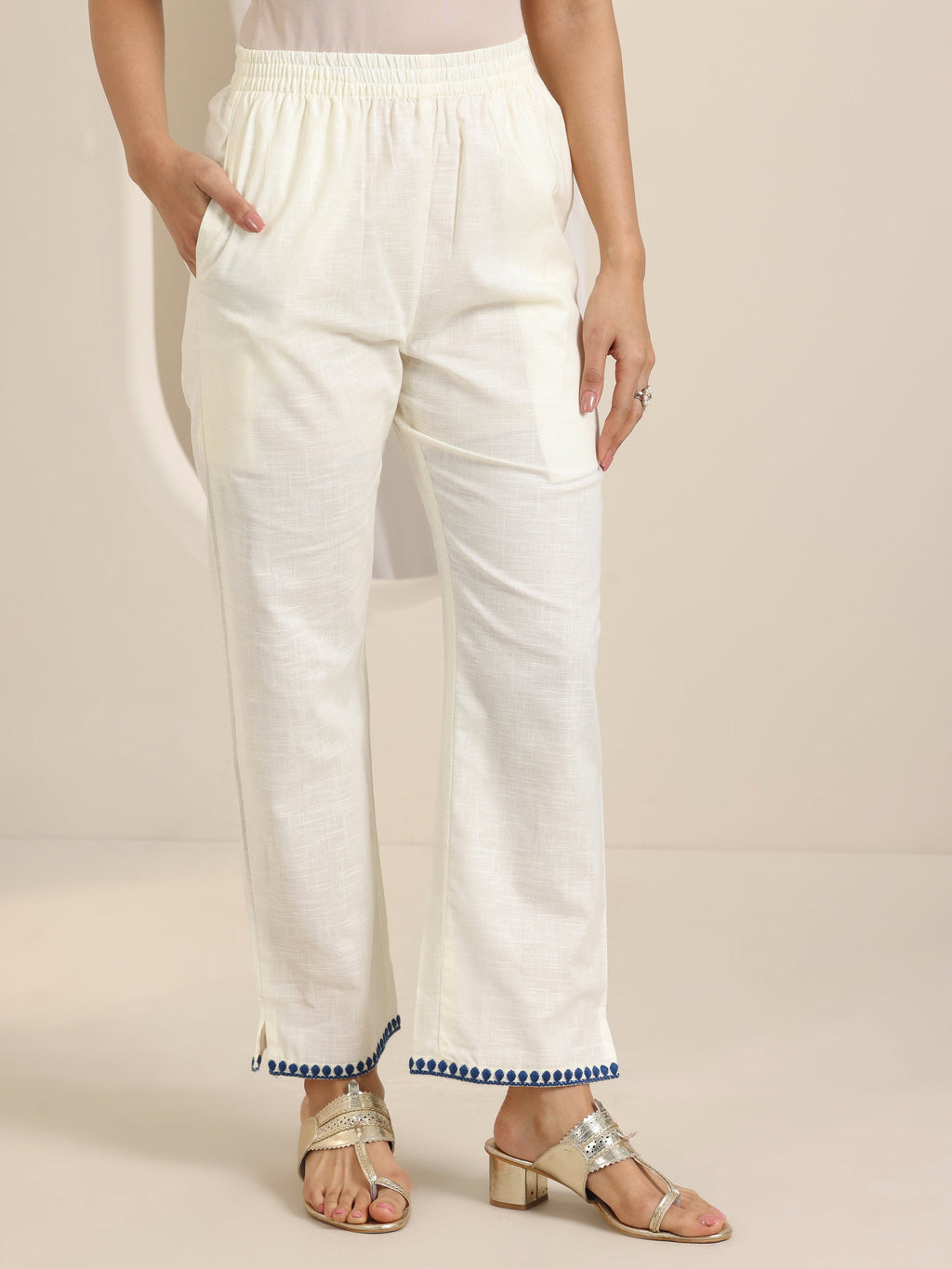 Off White Embroidered Cotton Straight Suit Set With Dupatta