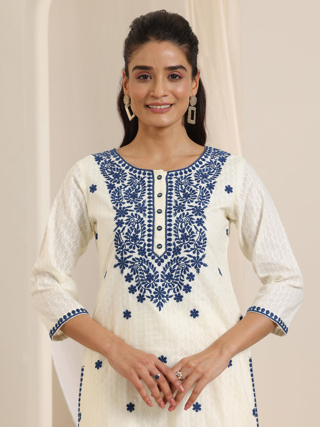 Off White Embroidered Cotton Straight Suit Set With Dupatta