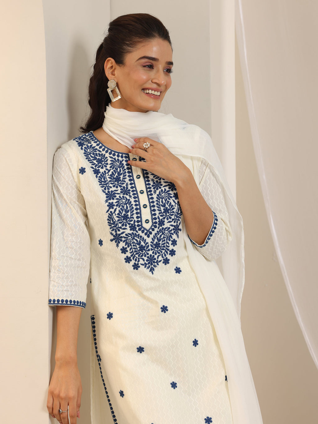 Off White Embroidered Cotton Straight Suit Set With Dupatta