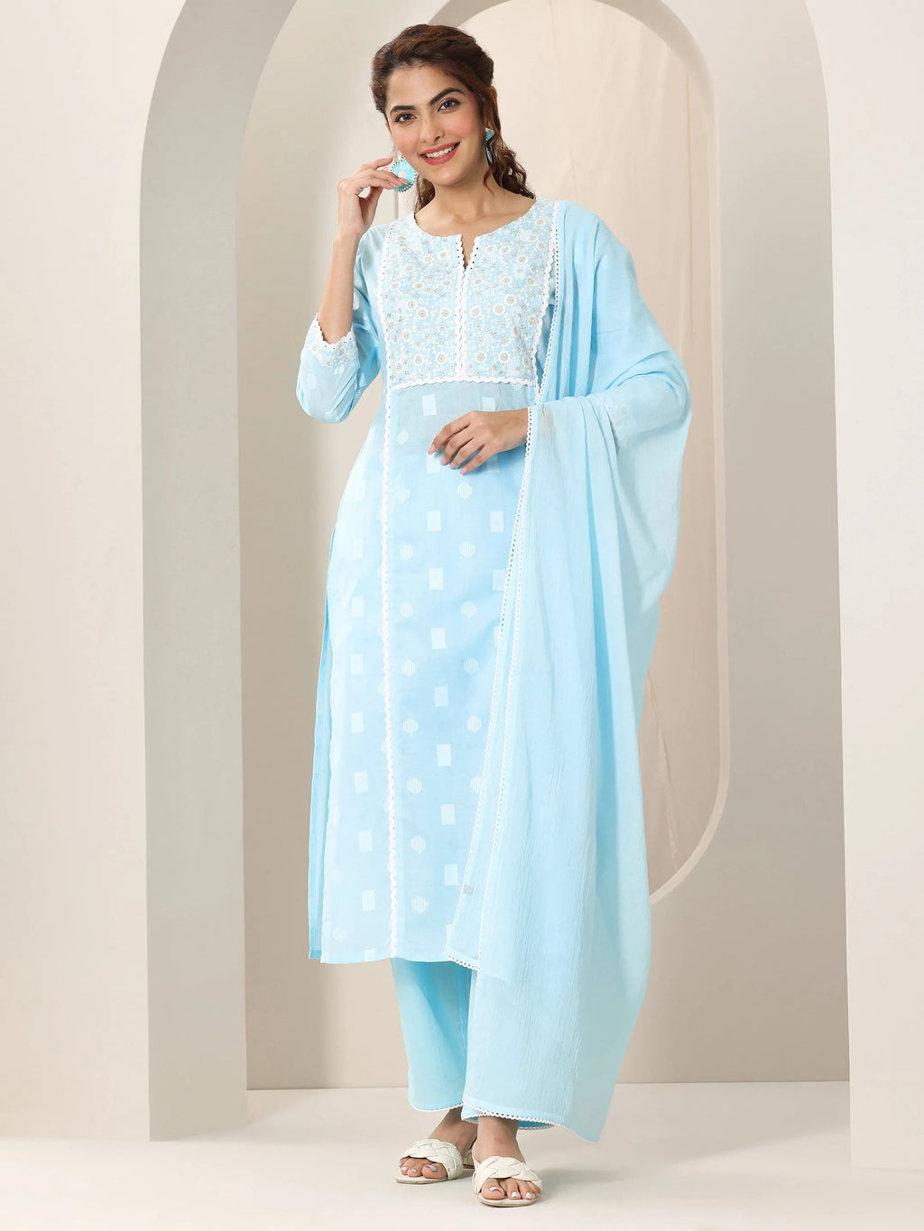 Blue Embroidered Cotton Straight Suit Set With Dupatta