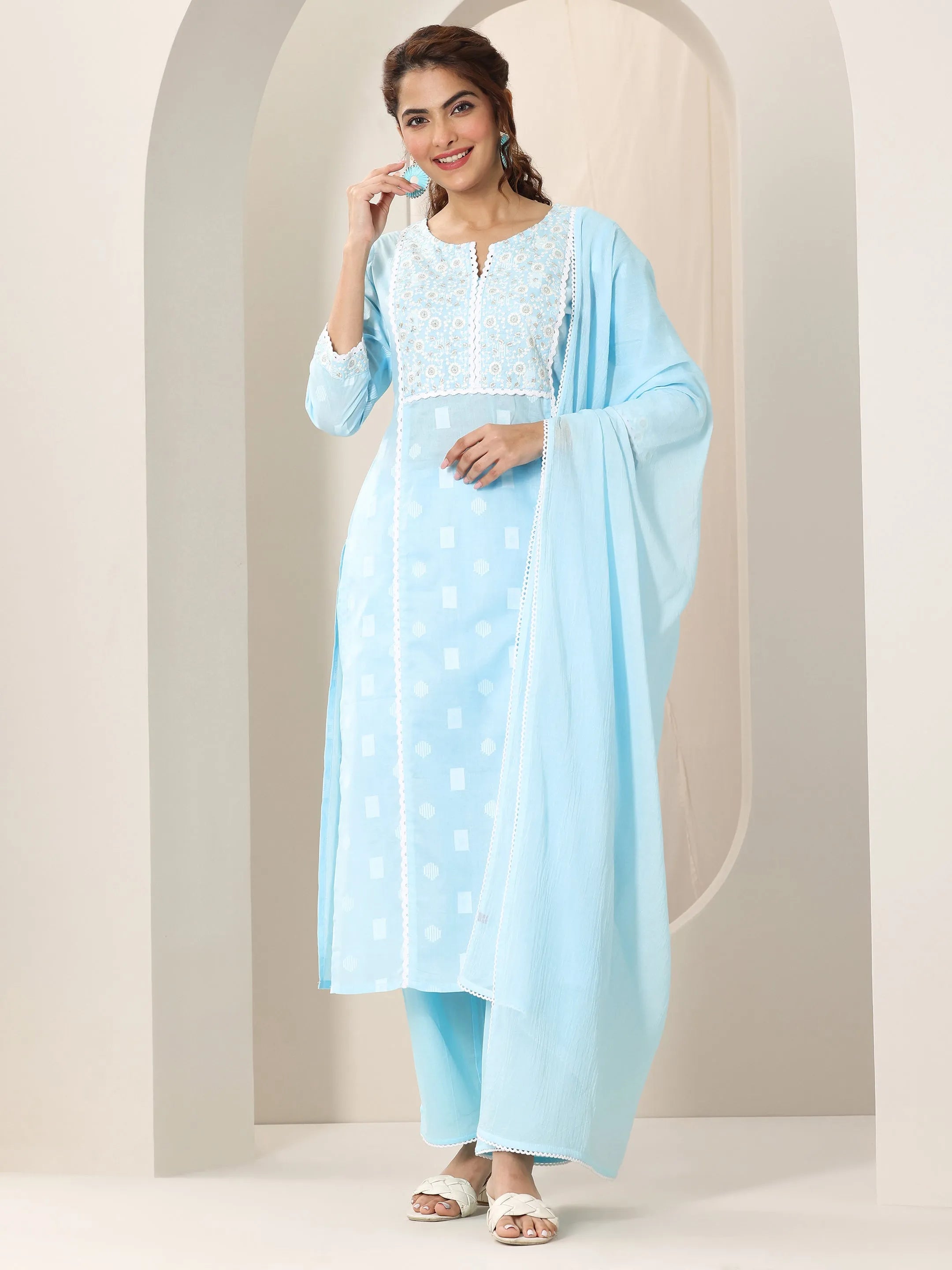 Blue Embroidered Cotton Straight Suit Set With Dupatta