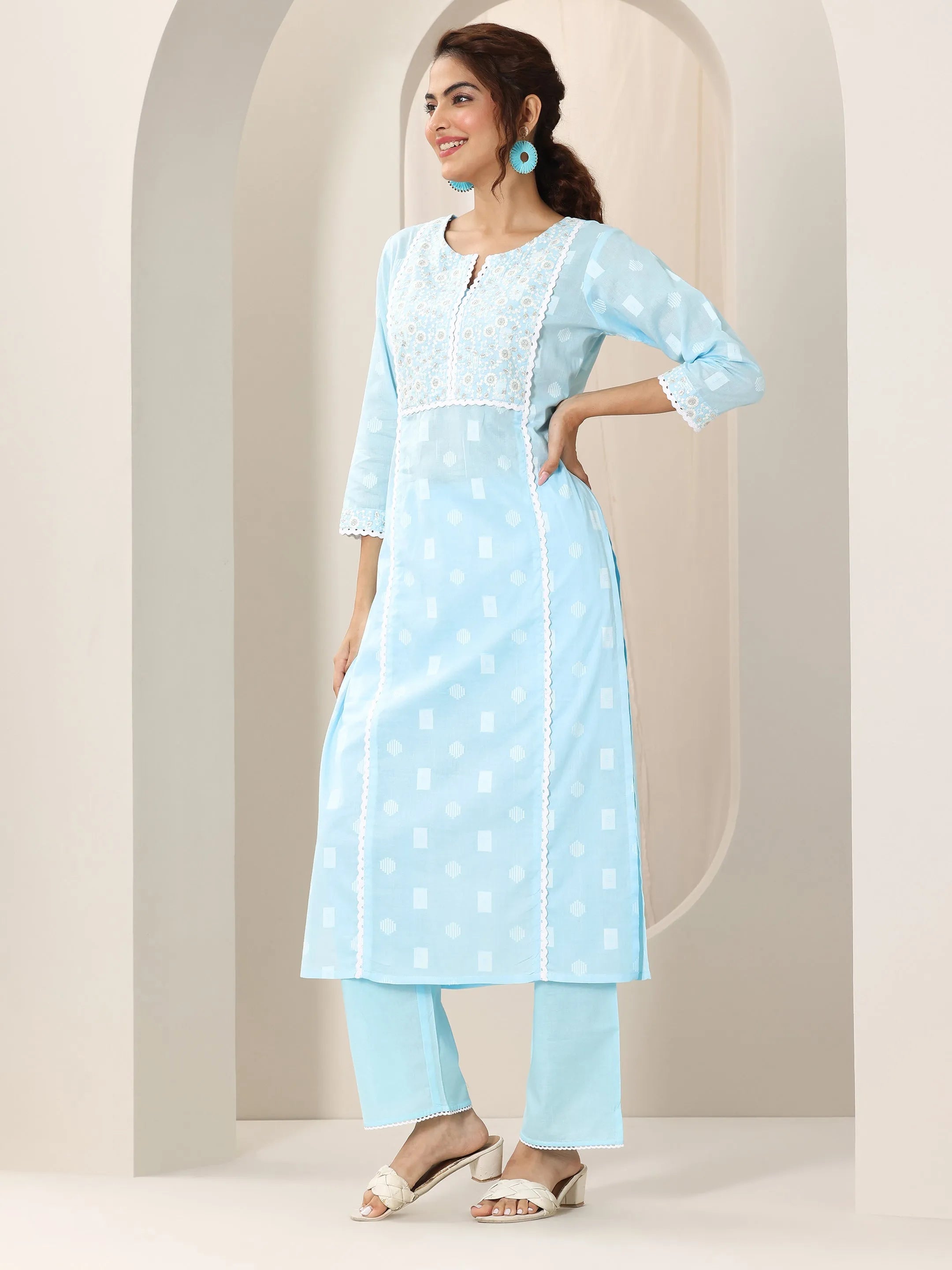 Blue Embroidered Cotton Straight Suit Set With Dupatta