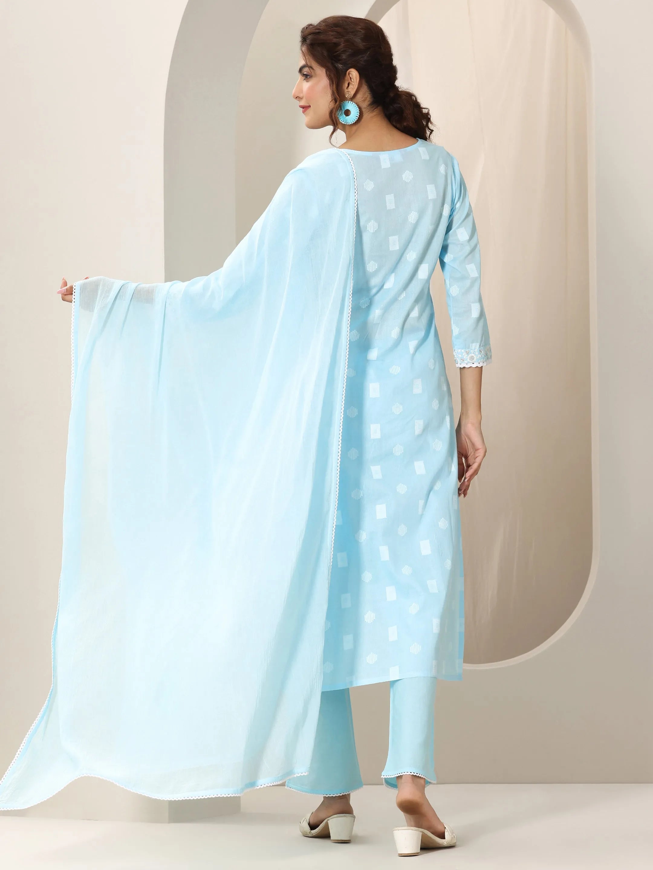 Blue Embroidered Cotton Straight Suit Set With Dupatta
