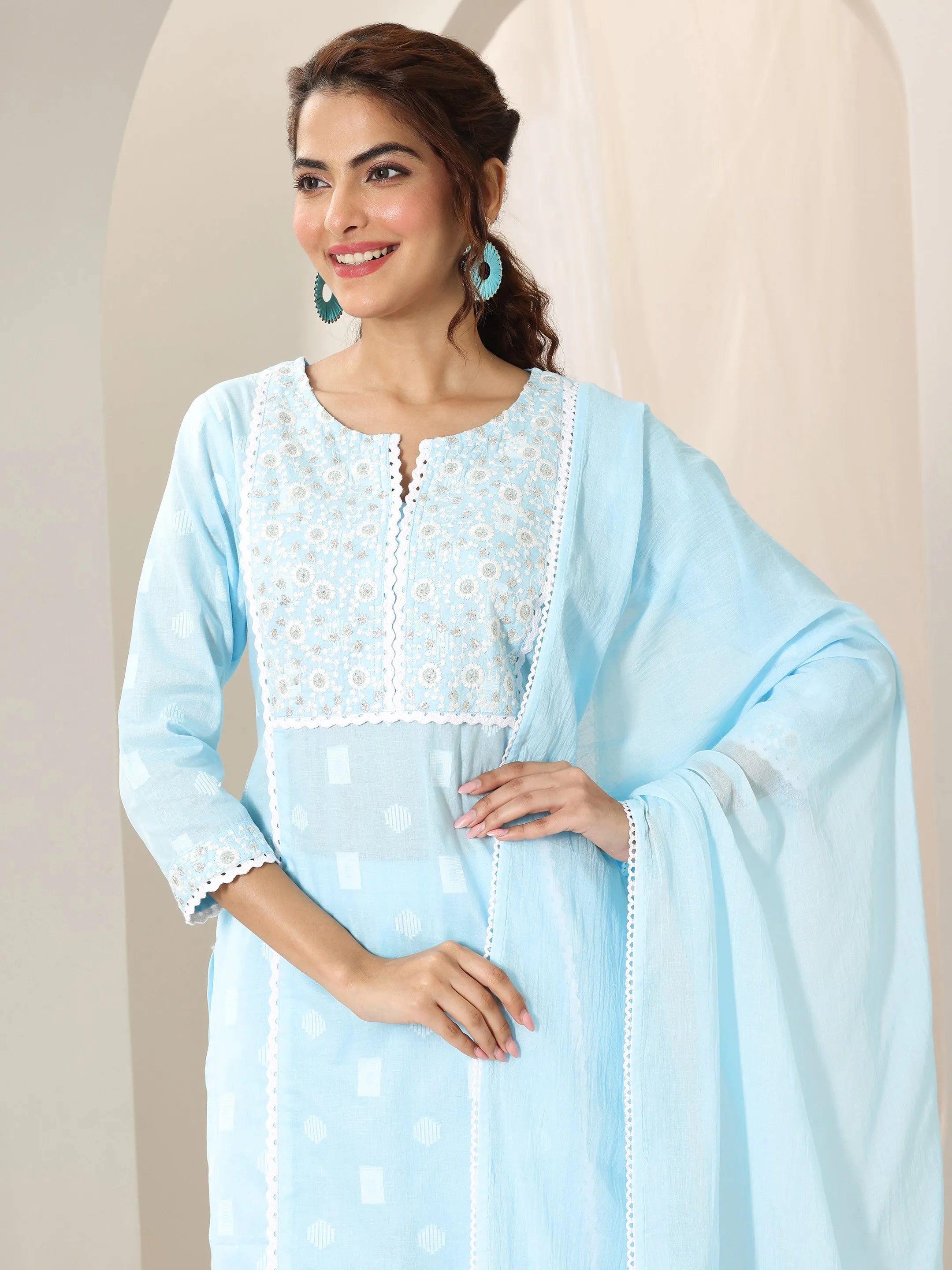 Blue Embroidered Cotton Straight Suit Set With Dupatta